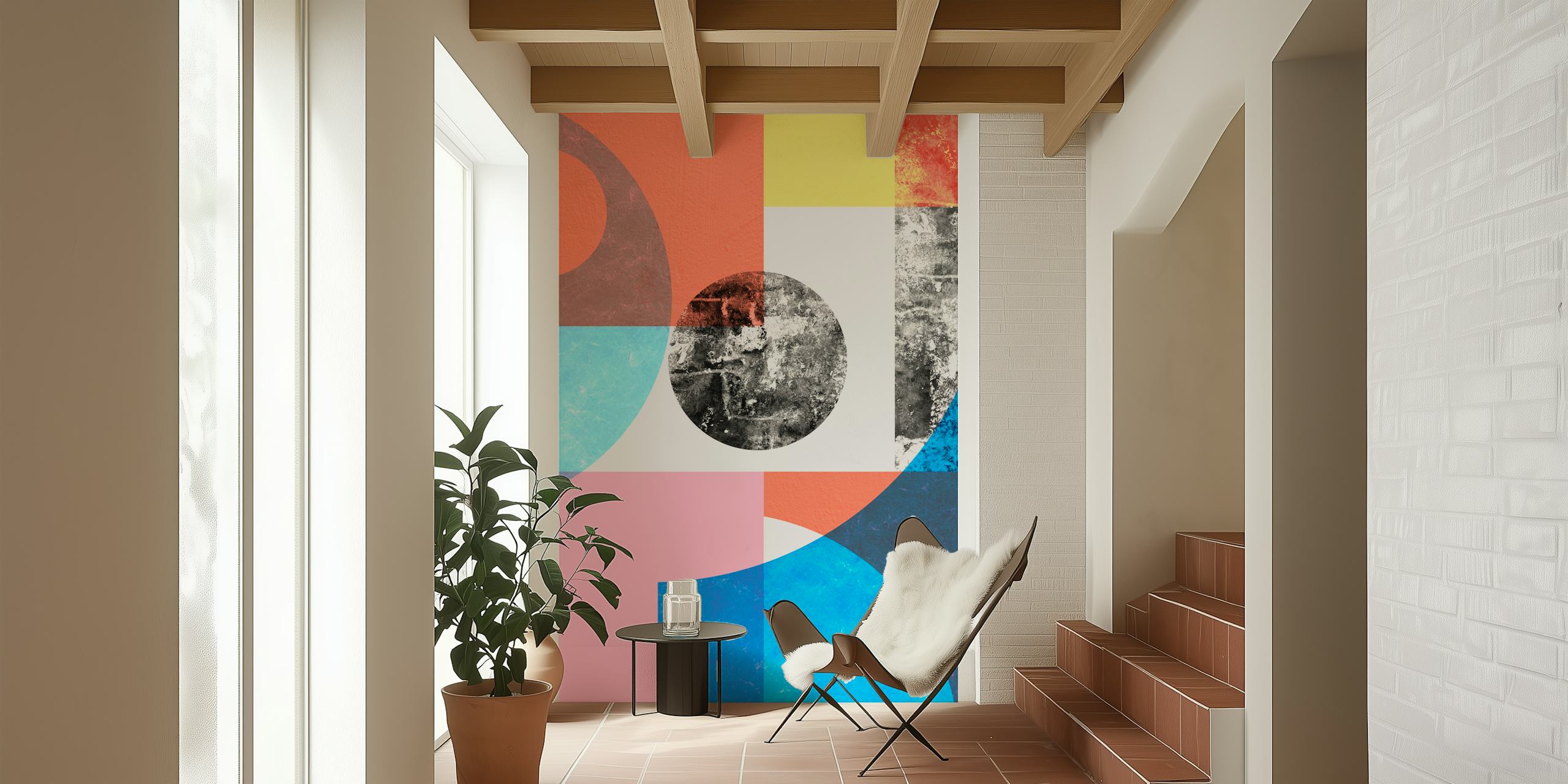 Abstract geometric wall mural with vintage textures and a blend of blue, yellow, and pink tones