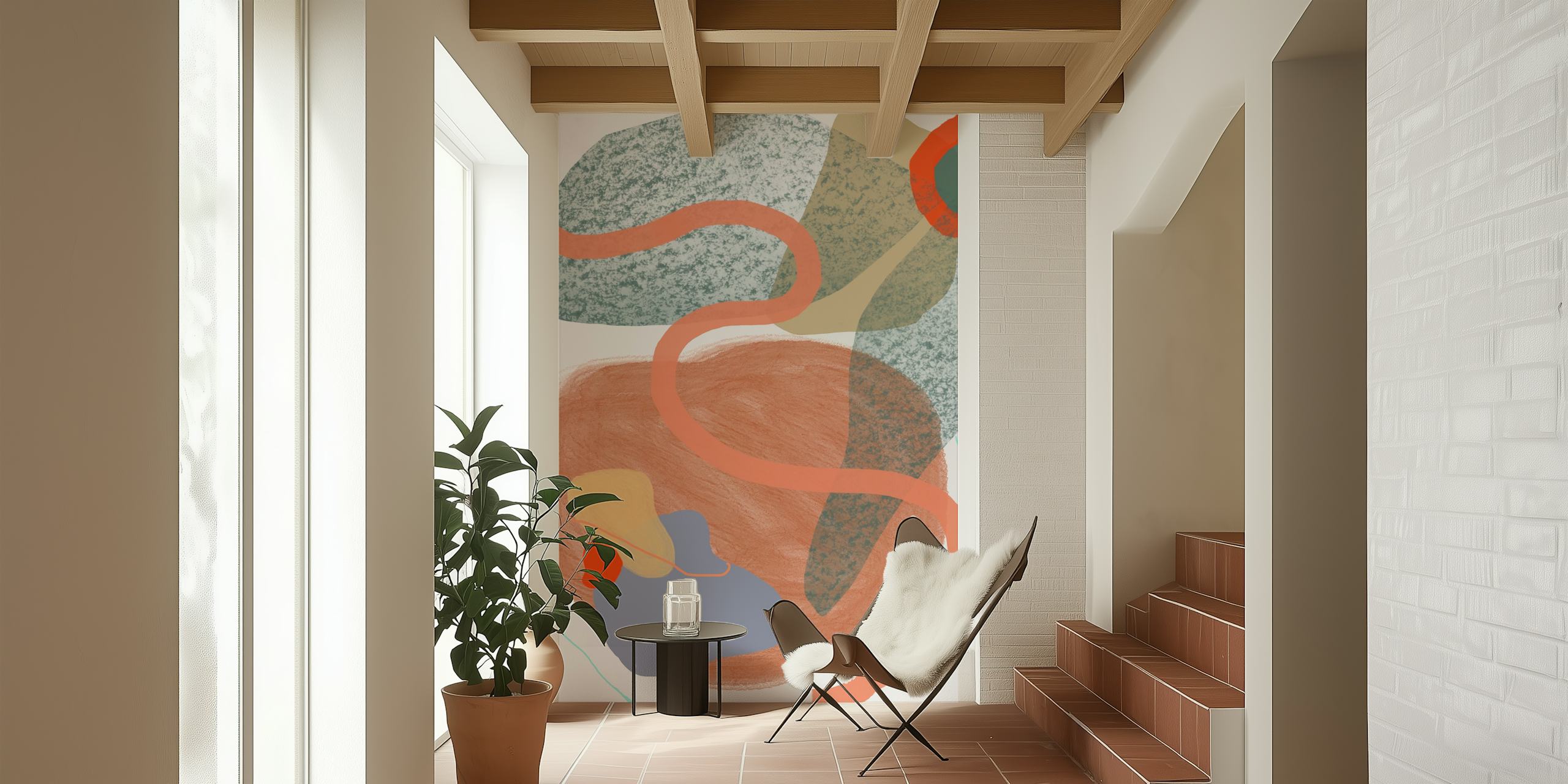 Abstract wall mural with organic shapes and earth tones