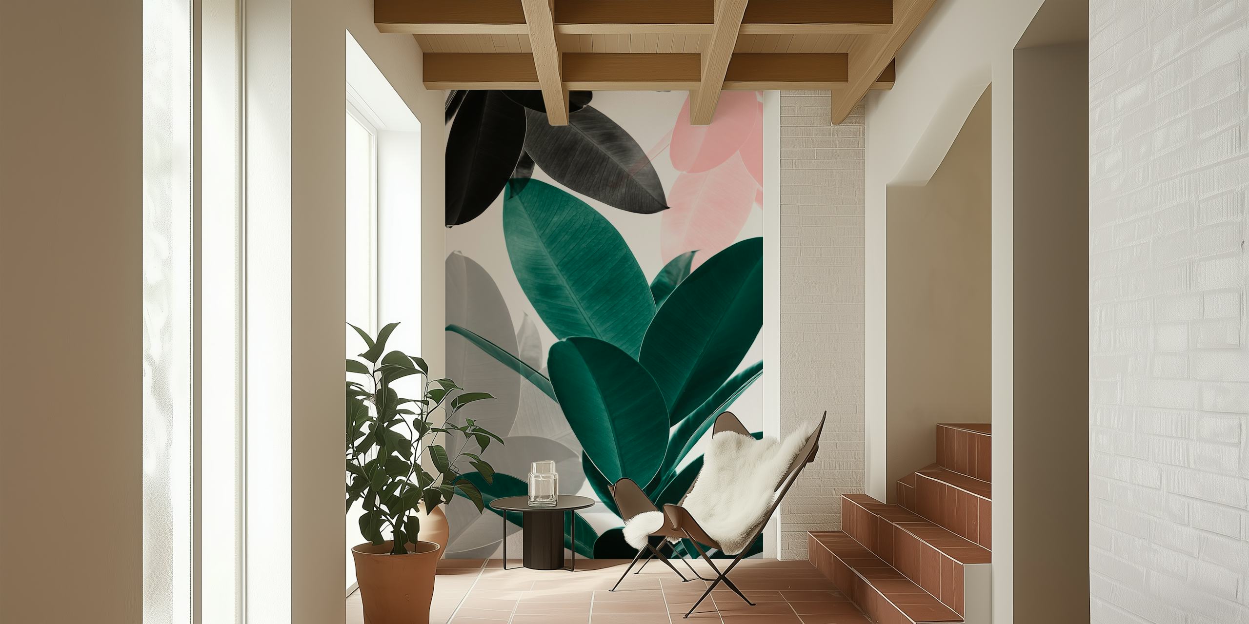 Elegante mural de pared Leaf Play con una mezcla de hojas rosadas, verdes y monocromáticas