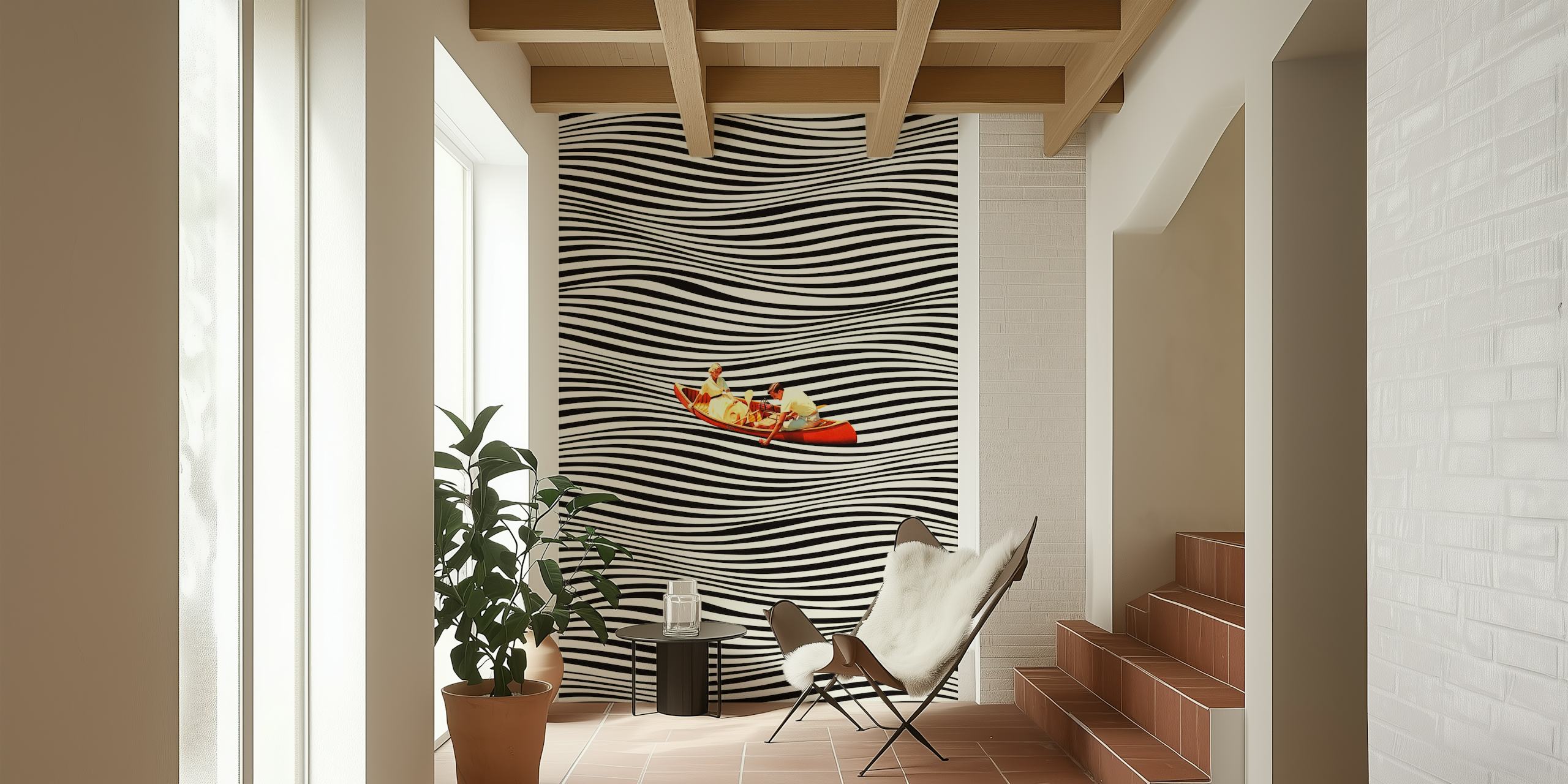 Black and white wavy pattern with two figures in a kayak wallpaper