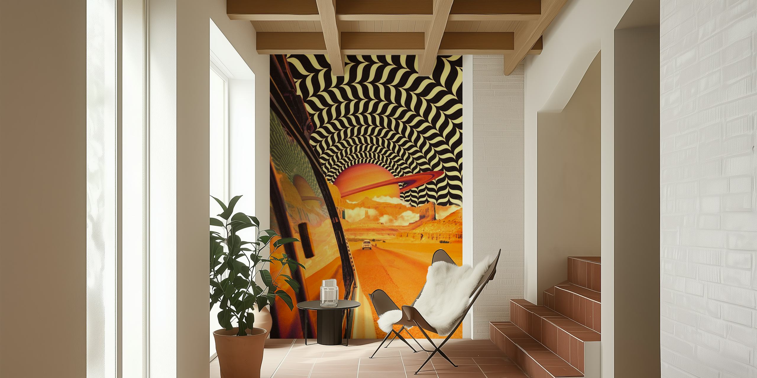 Vibrant retro road trip wallpaper featuring black and white wave patterns, yellow sunset, and a road view