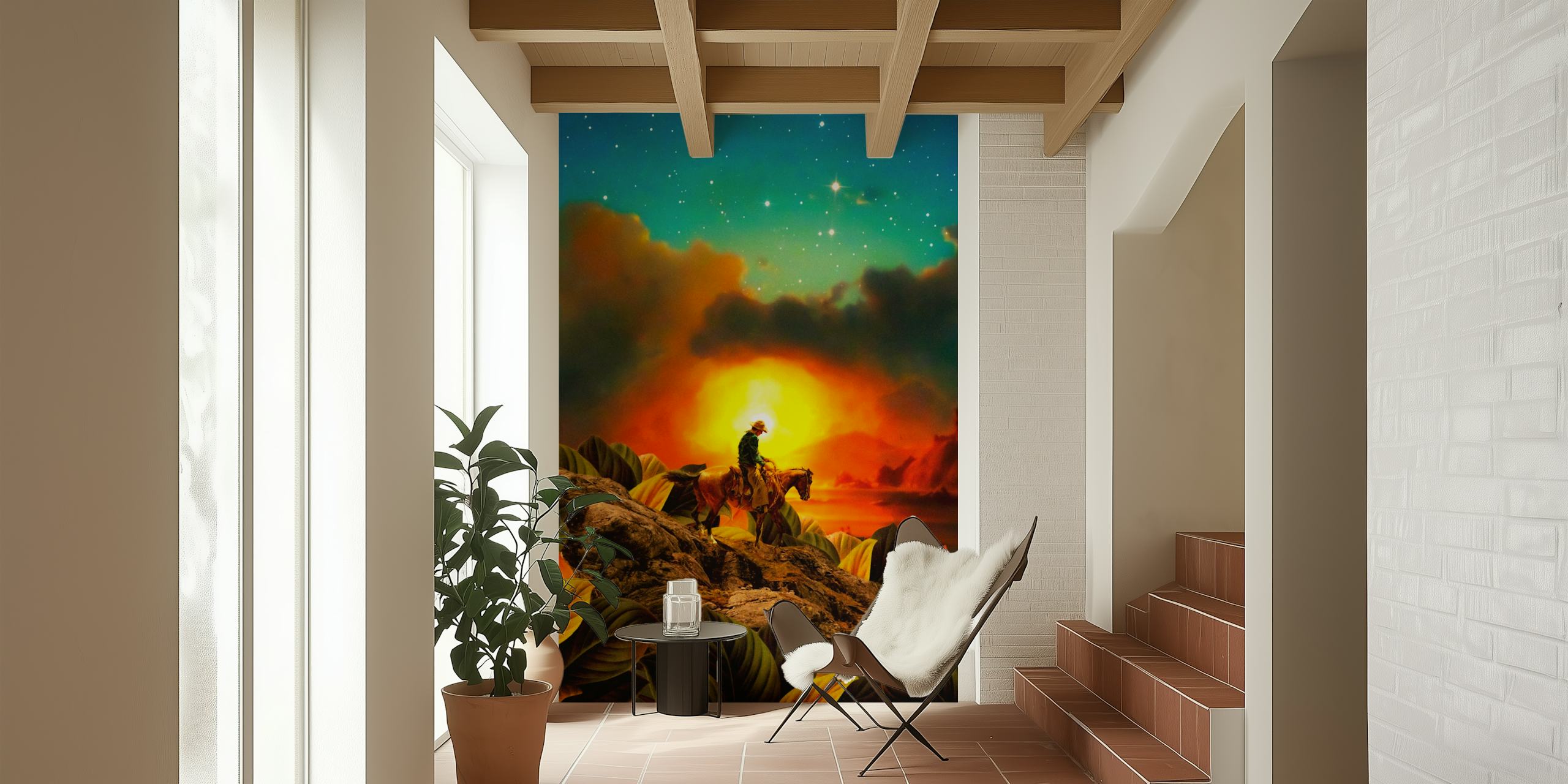 Photo murale silhouette de cavalier et de cheval contre le coucher du soleil avec un ciel éclairé par des étoiles