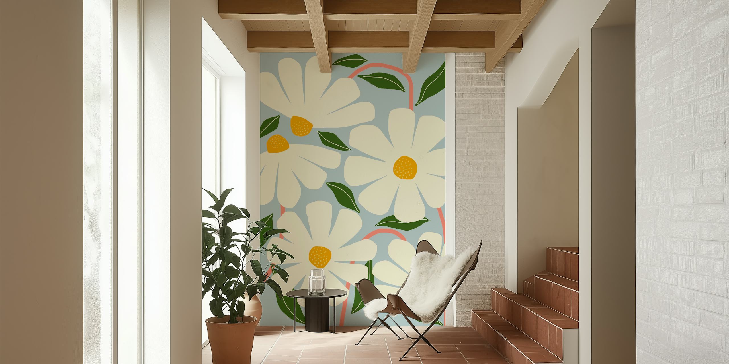 White daisies with yellow centers and green leaves on a blue background wallpaper