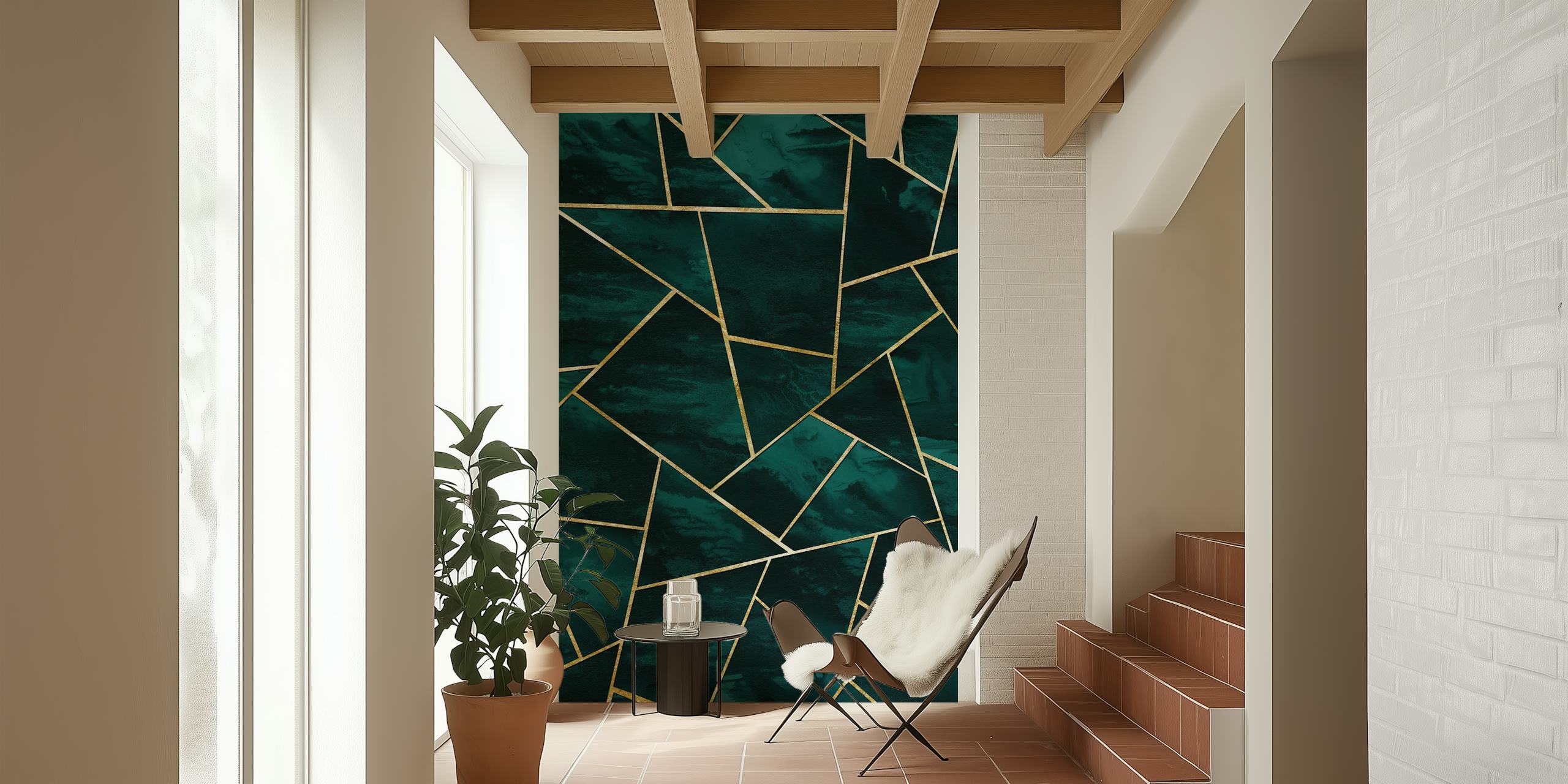 Dark Teal and Gold Geometric Wall Mural