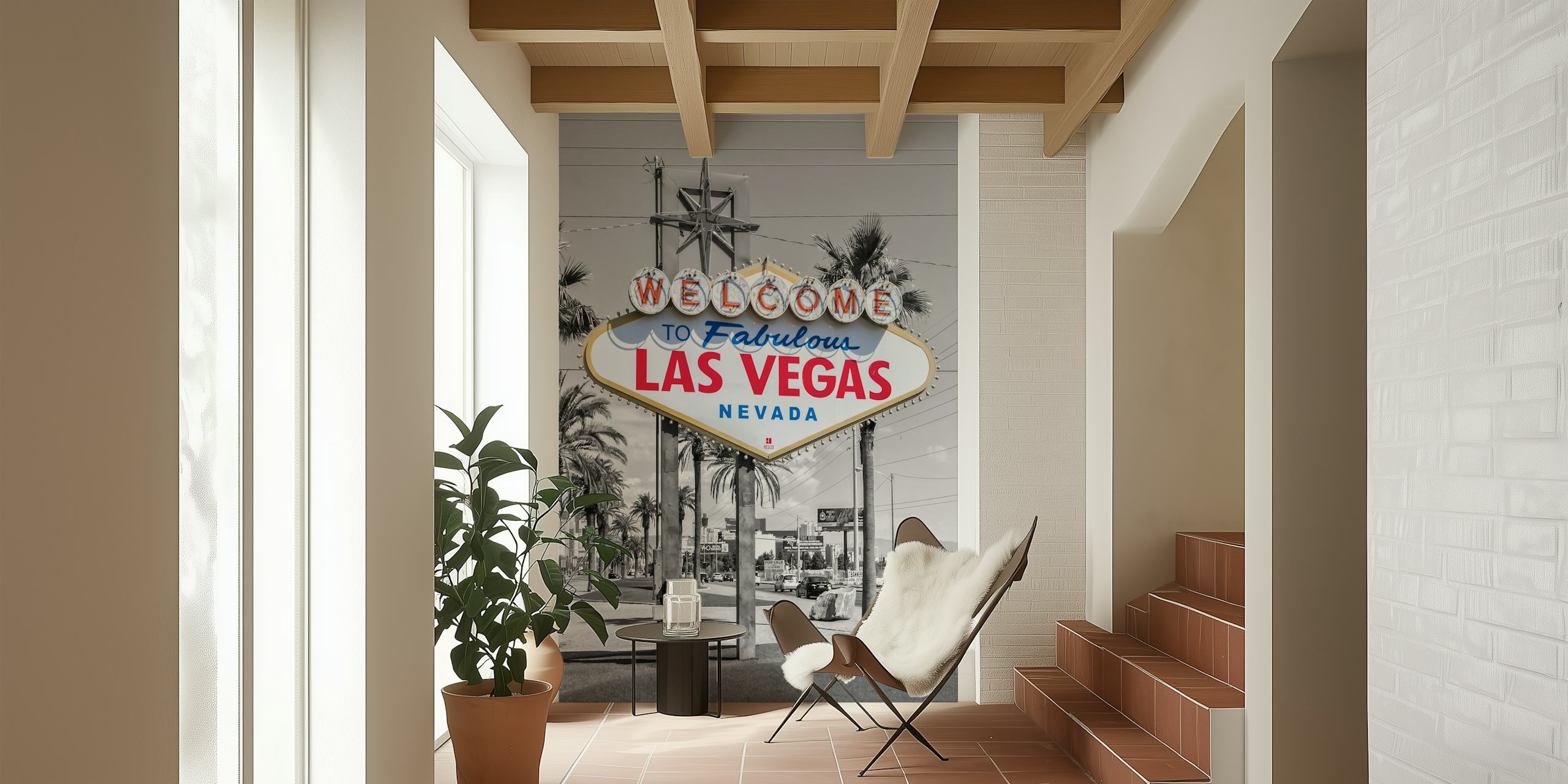 Las Vegas sign in vibrant colors on black and white background wallpaper