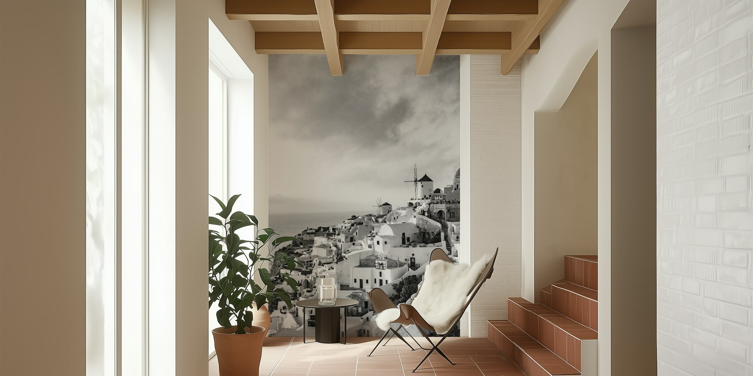 Santorini Sunset Bliss 5 wall mural showing whitewashed Greek architecture with windmill