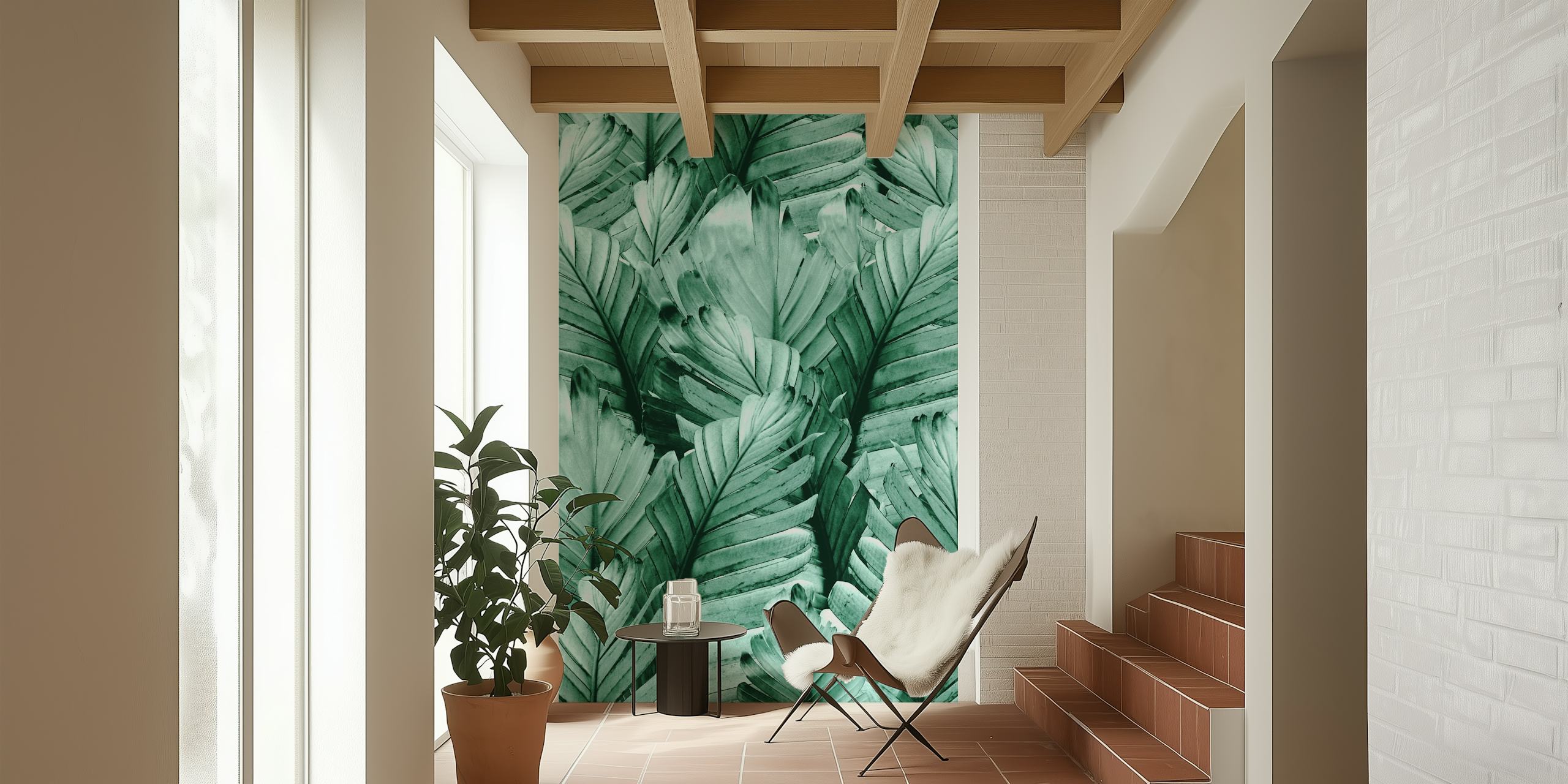 Green banana leaves wall mural with detailed textures in a tropical style