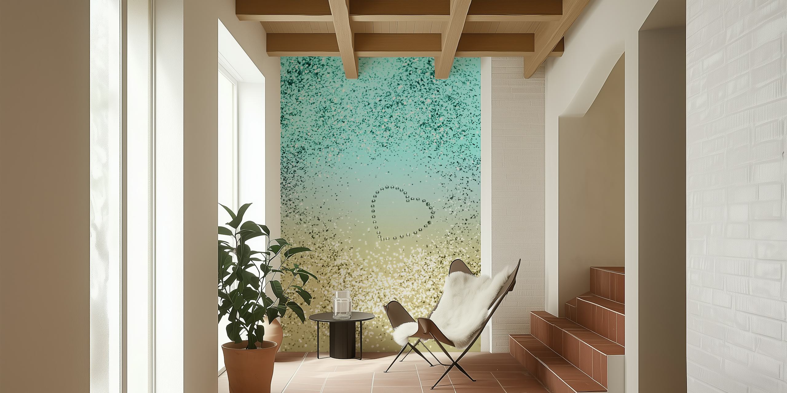 Lemon Twist Glitter Heart veggmaleri med gul til akvamarin gradient og gullglitter