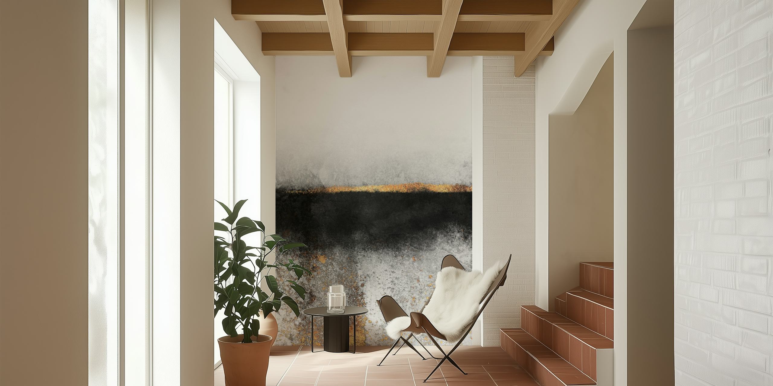 Abstract soot and gold wall mural with a blend of black, grey, and gold textures
