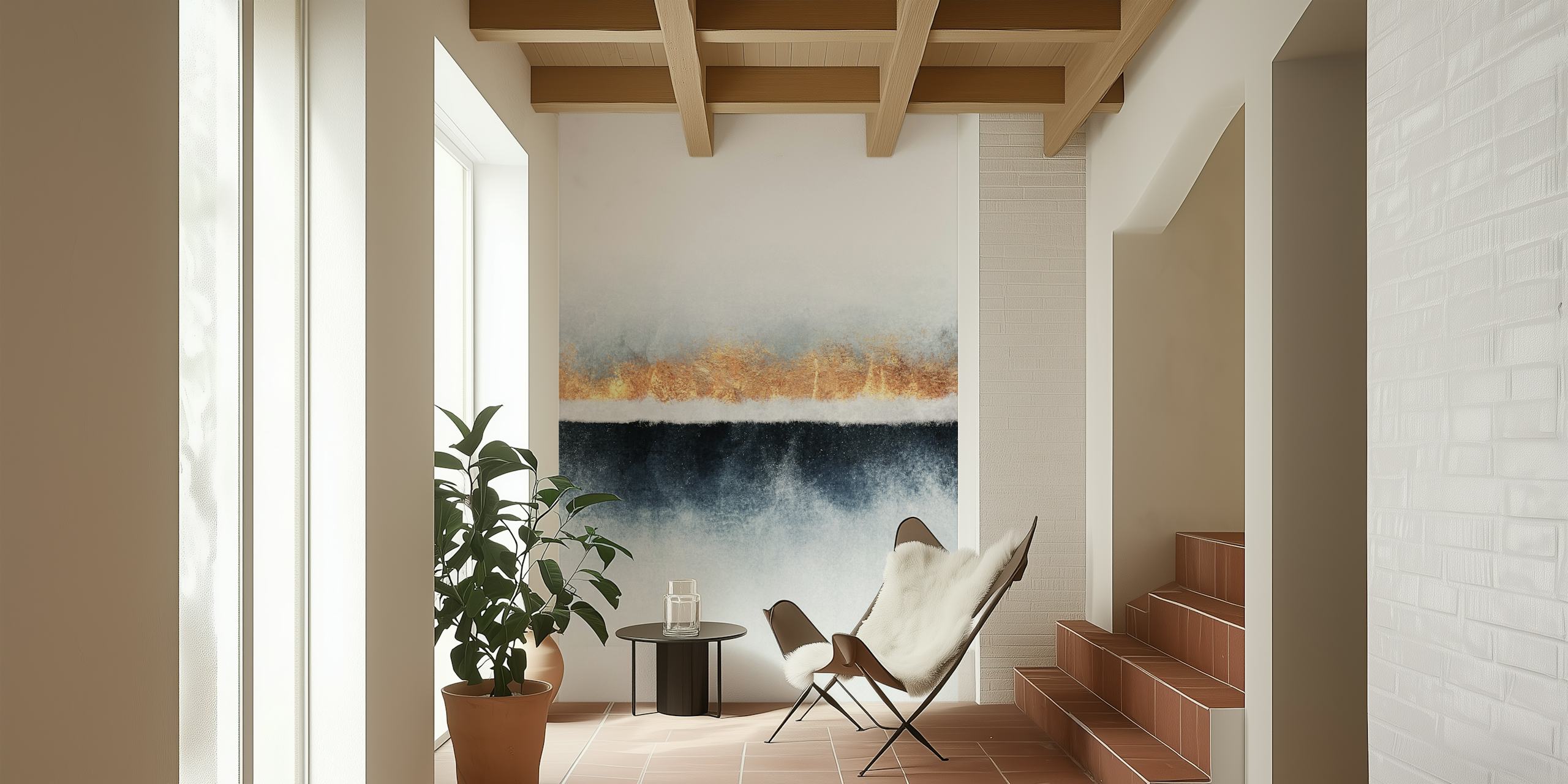 Abstrakcyjna fototapeta Horyzont z warstwami śnieżnobiałej, złotej i ciemnoniebieskiej