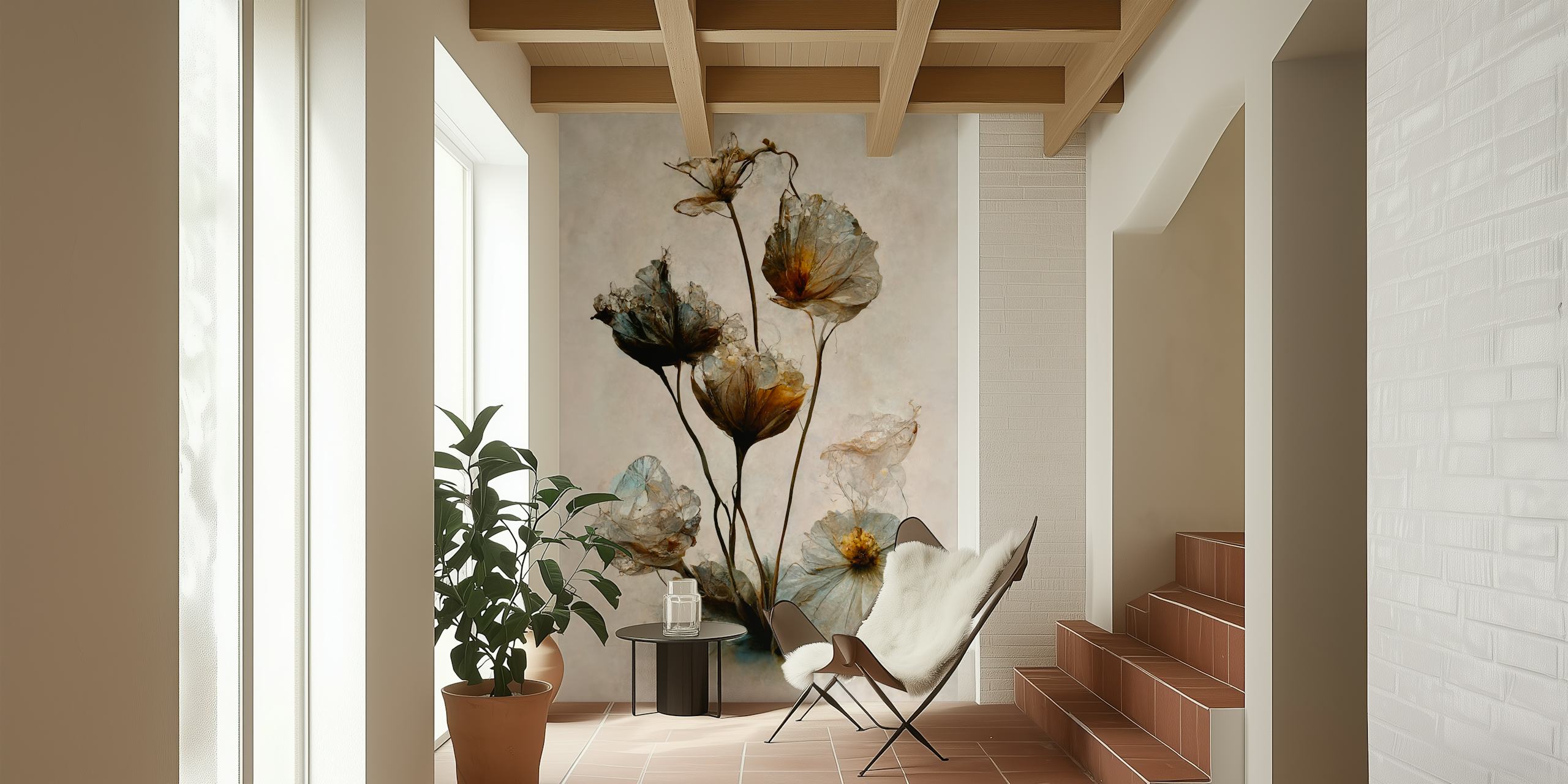 Delicate floral wallpaper featuring soft earth tones and elegant designs.