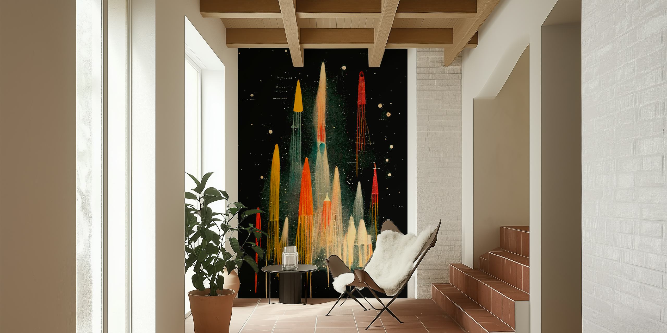 Foguetes de estilo vintage subindo em um fotomural vinílico de parede de céu noturno estrelado