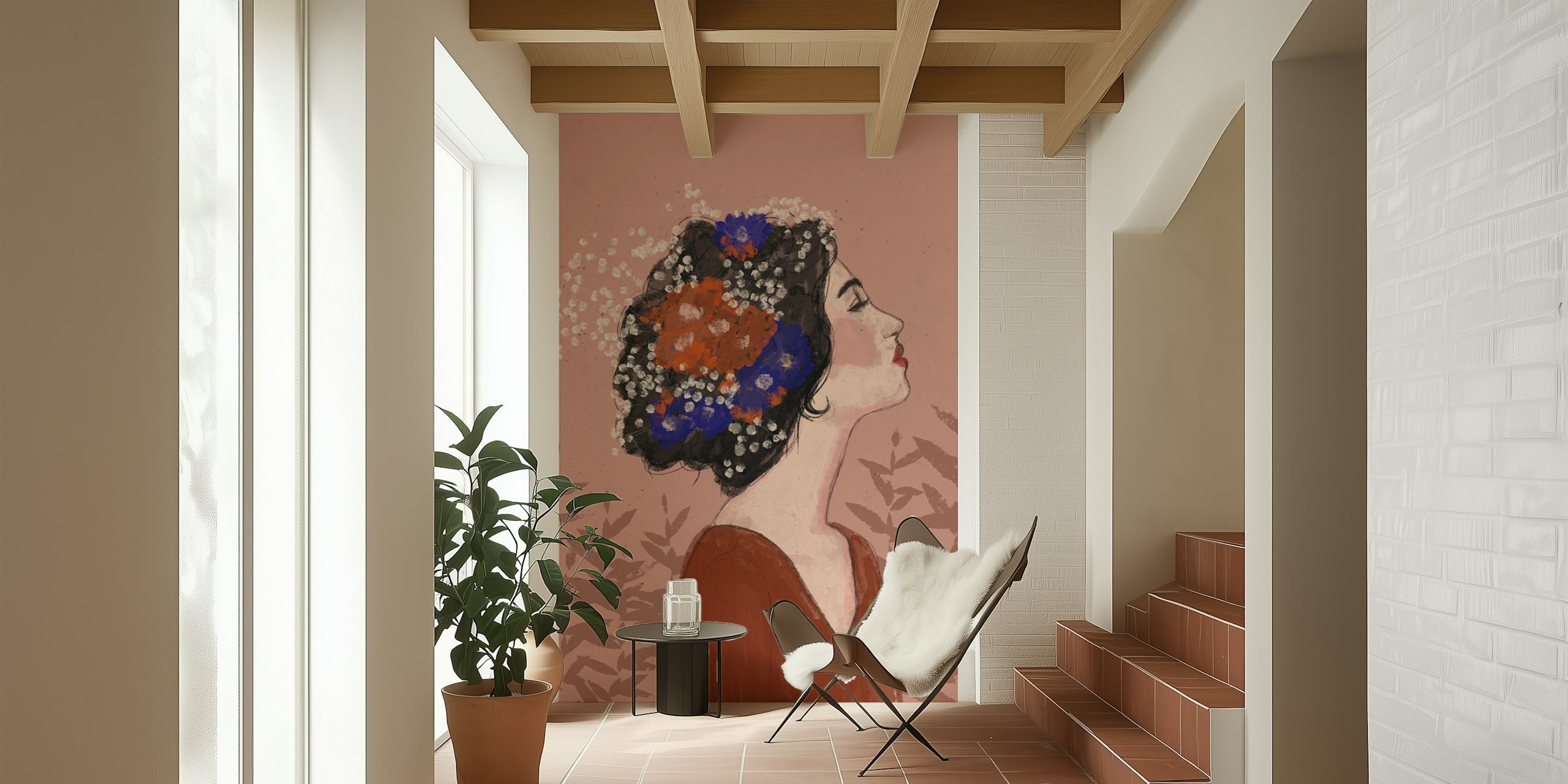 Fotomural de una mujer con flores de verano en el pelo sobre un fondo cálido