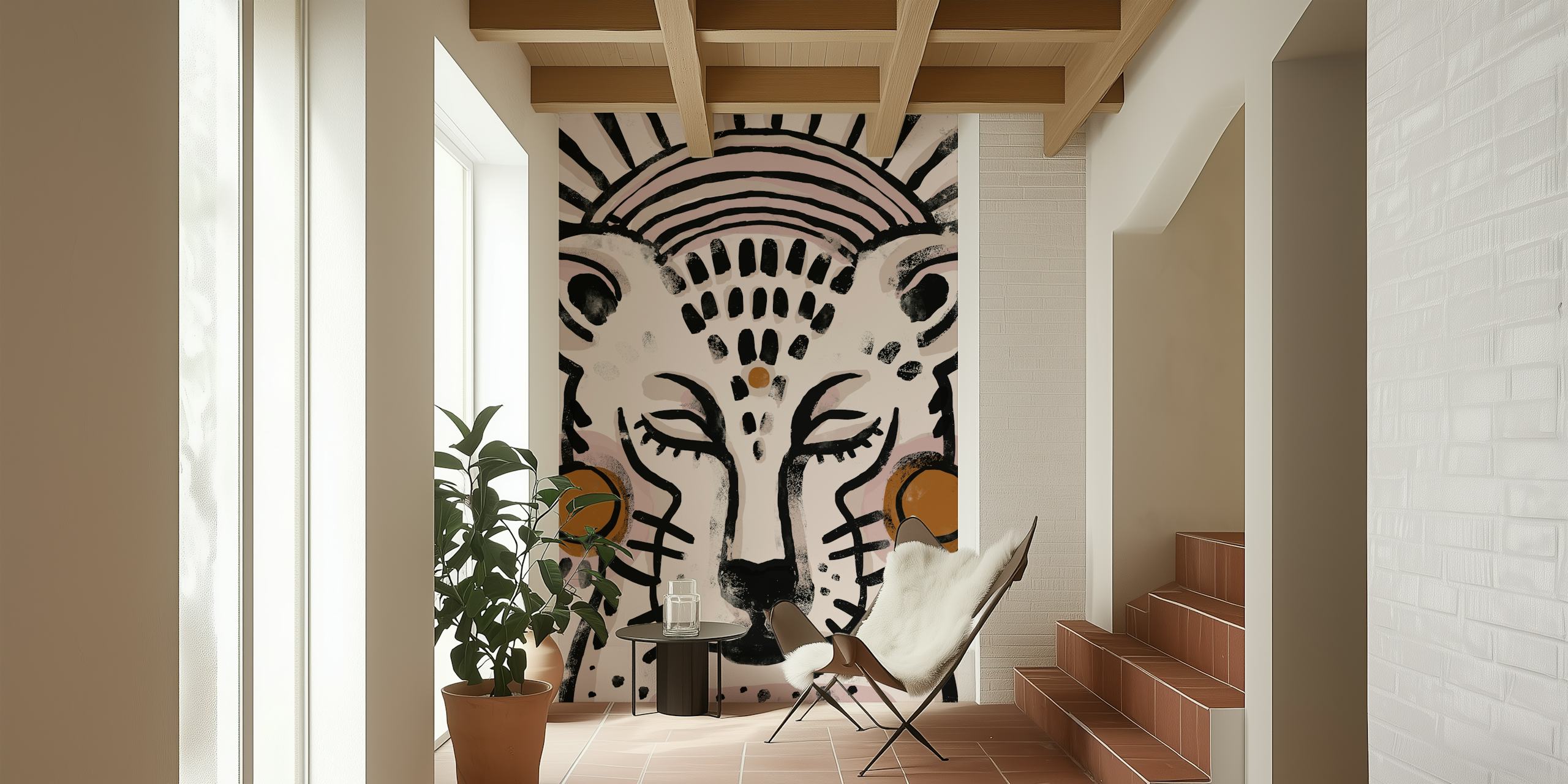 Tiger face illustration in pink and brown colors, modern wallpaper