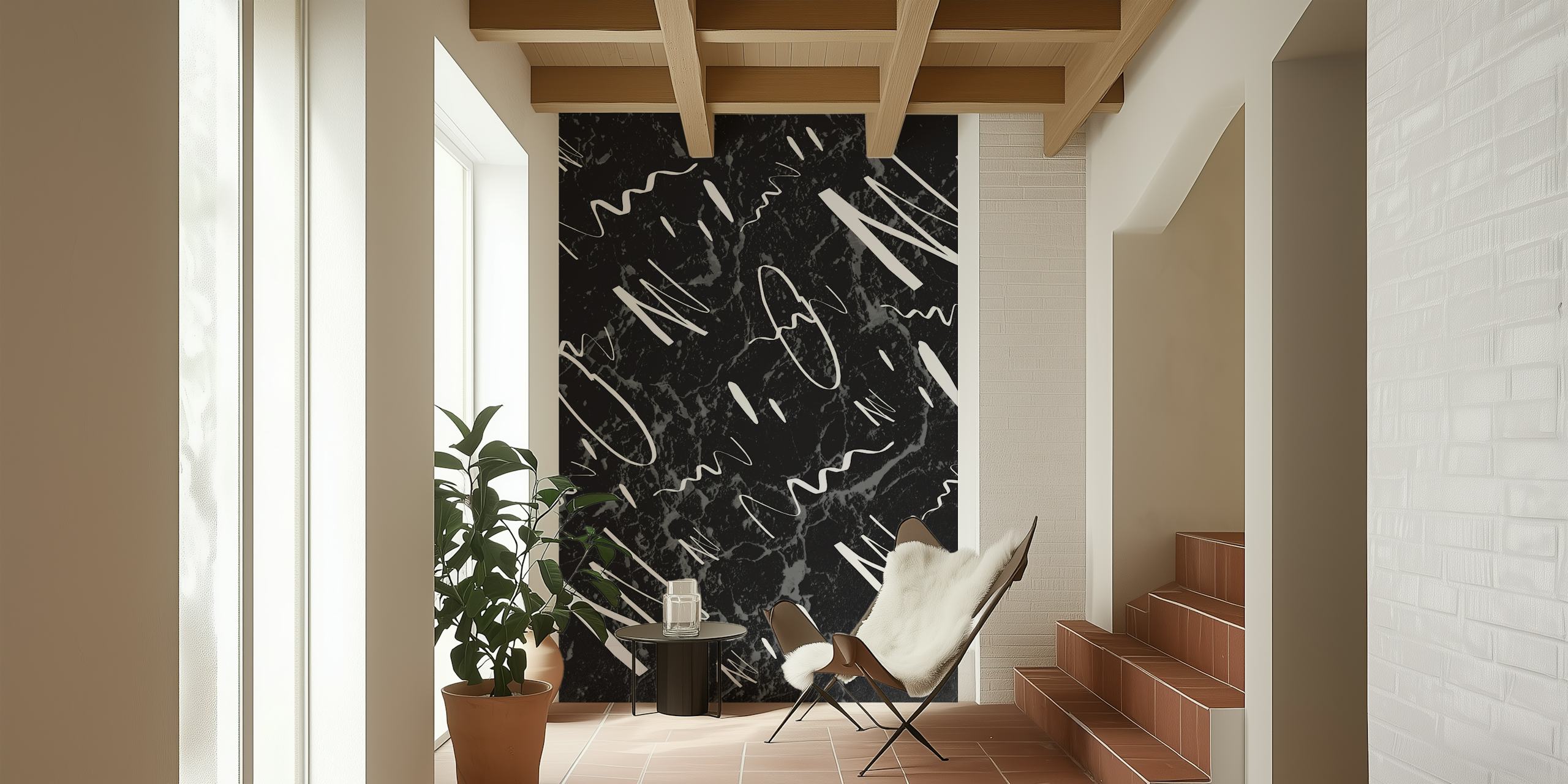 Black marble wallpaper with abstract white designs