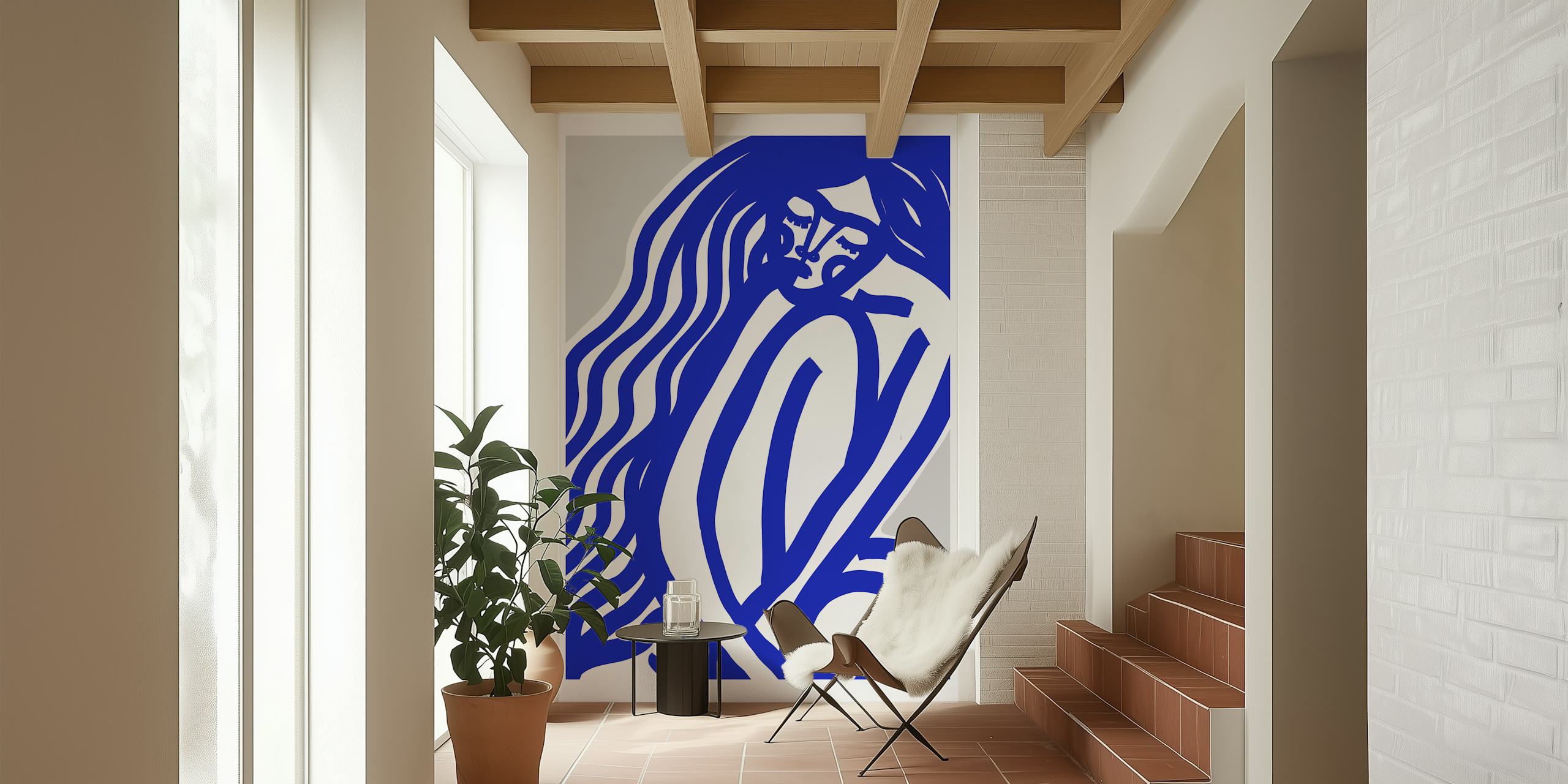 Abstract blauw-wit fotobehang met minimalistische figuren