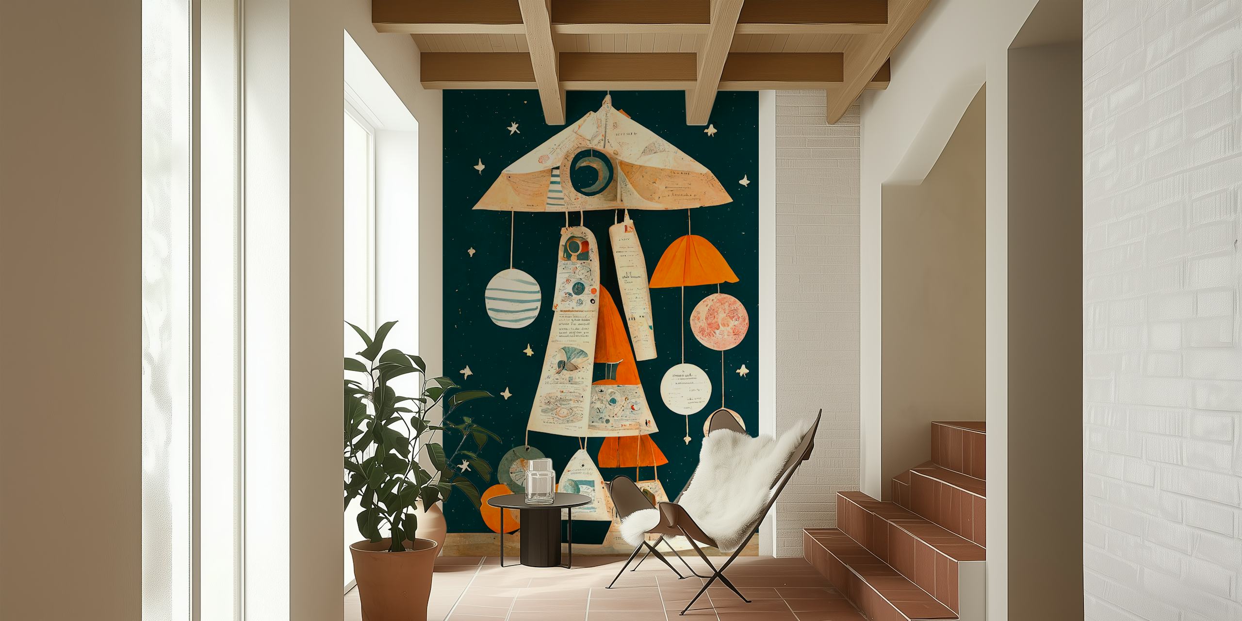 Colorful UFO mobile design with planets, stars, and moons wallpaper