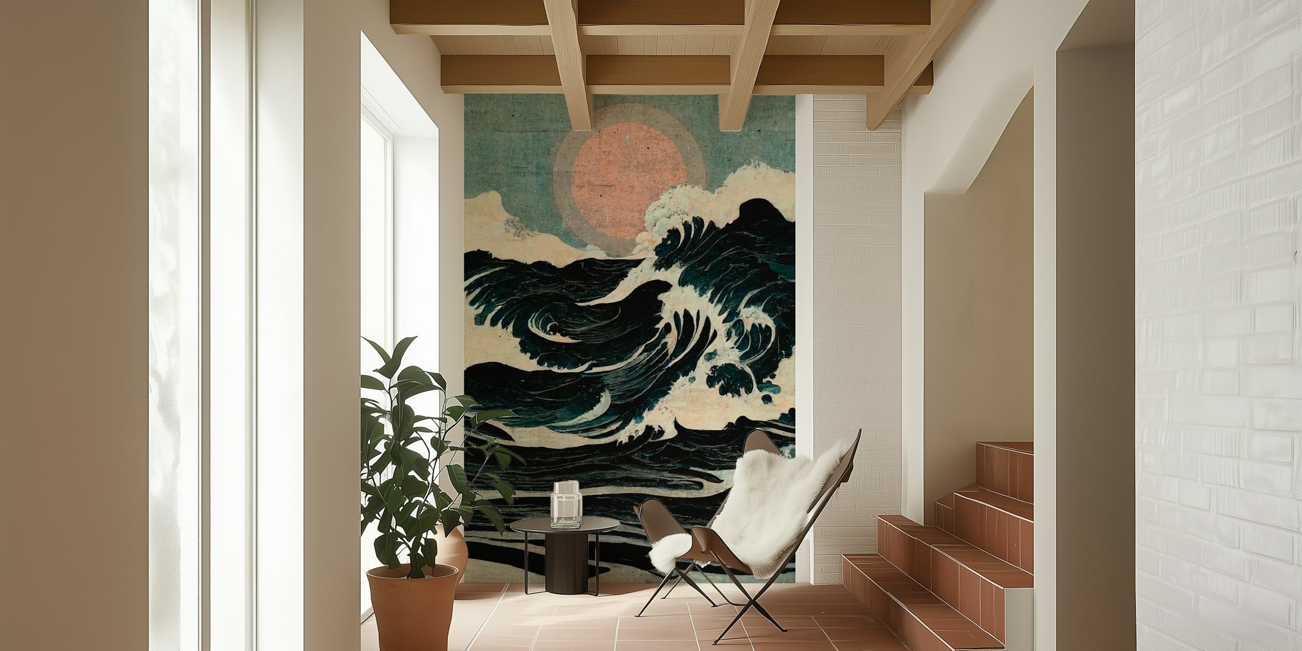 Ocean wave patterns in dark blue and cream tones wallpaper