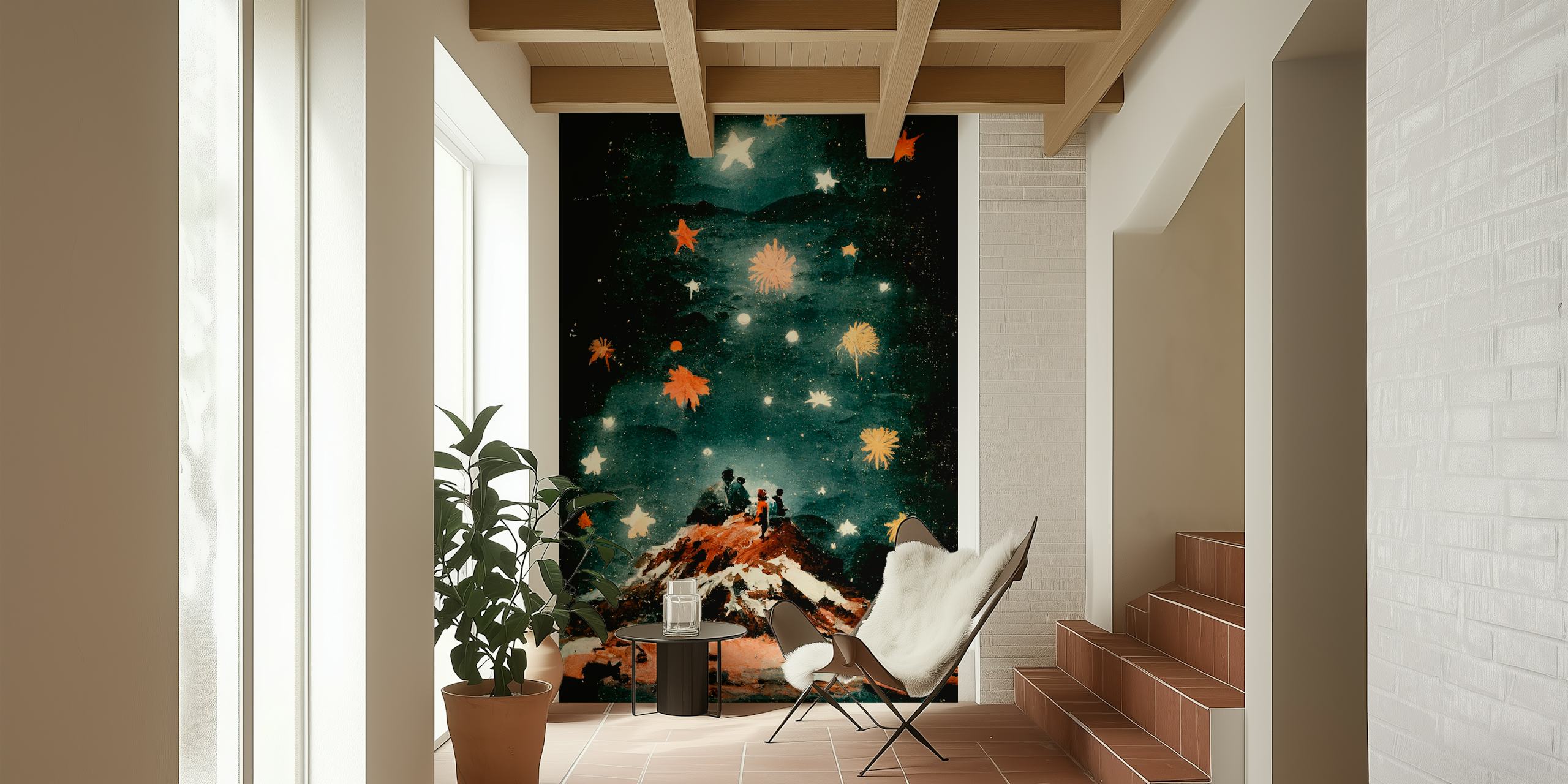 Mountain scene silhouetted against a starry night sky wallpaper