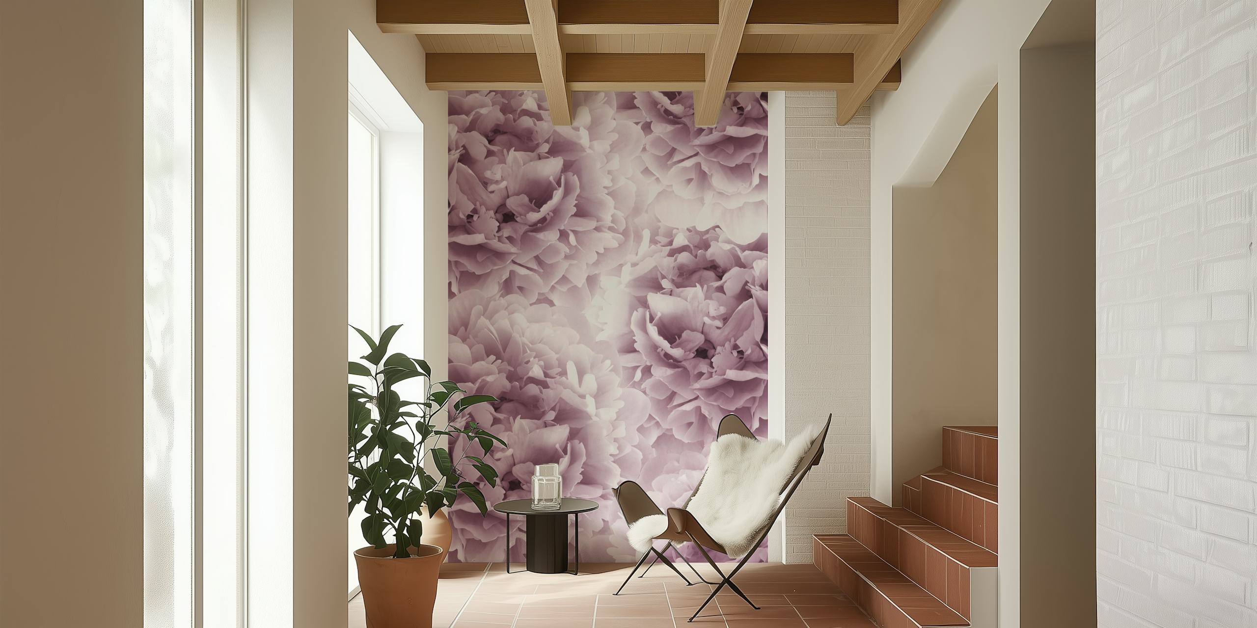 Een rustige en romantische mauve pioenrozen muurschildering voor interieurdecoratie.