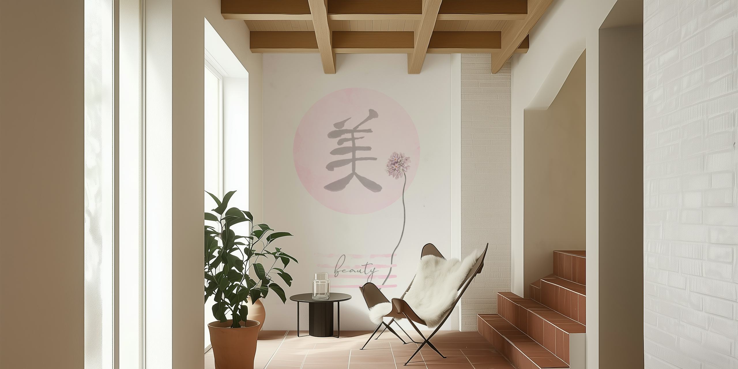 Japanese kanji symbol and pink flower against a pink circular background wallpaper