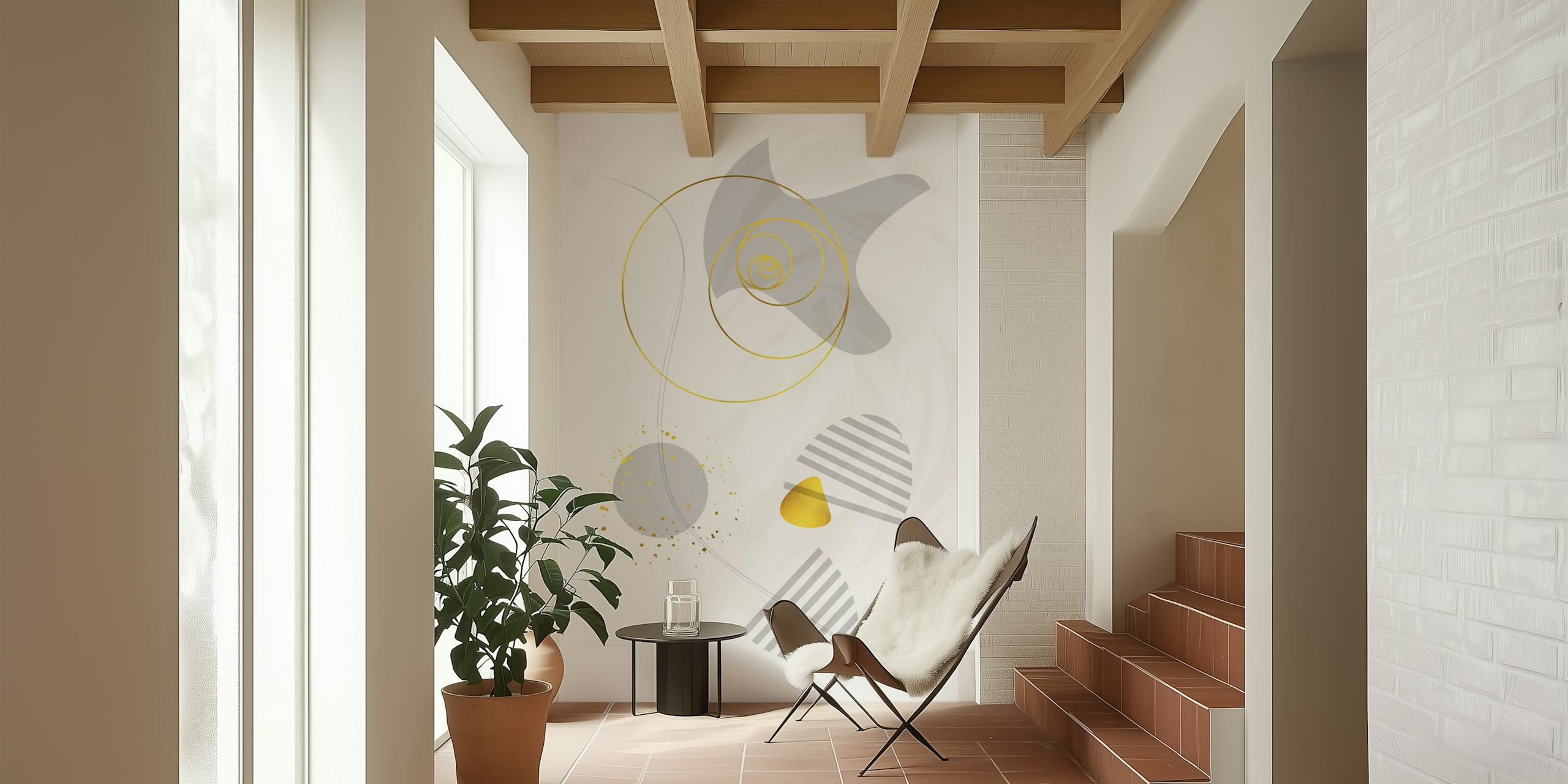 Mid-Century Vintage No 8 abstrakt design vægmaleri med geometriske former og guldaccenter