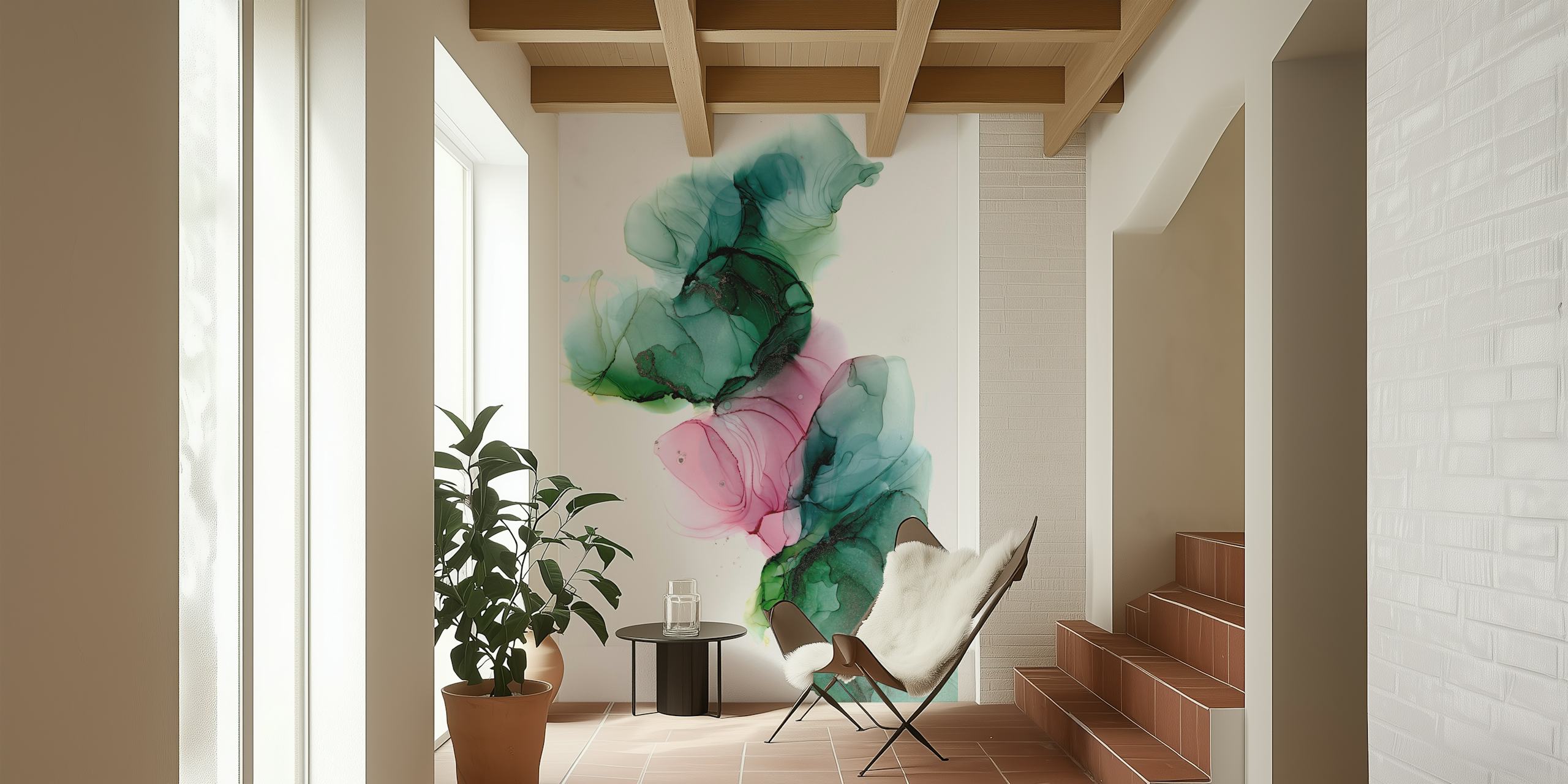 Fotomural vinílico abstrato da parede do lago com nenúfares em tons suaves de rosa, verde e azul.