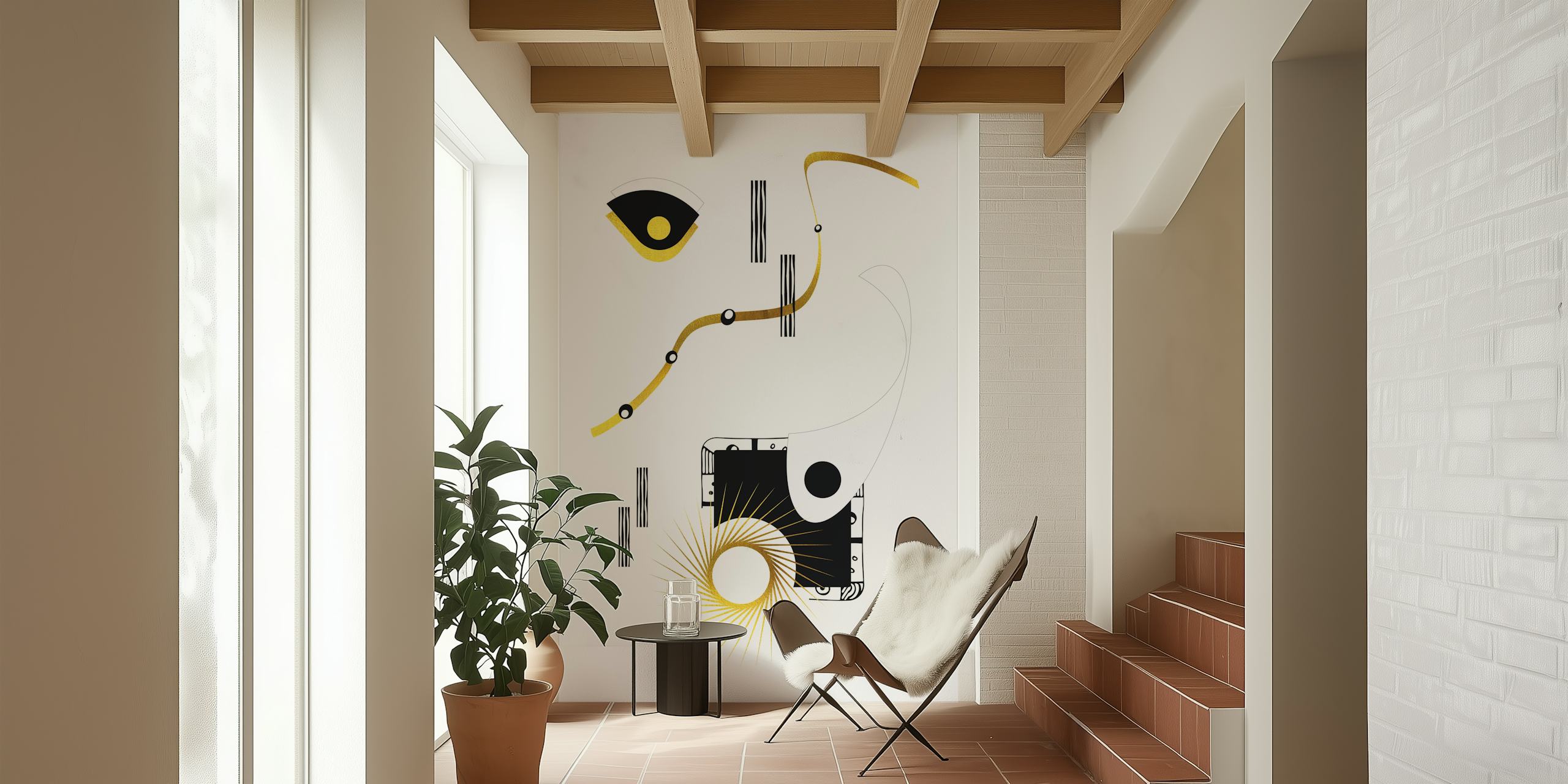 Abstraktní fototapeta s motivem očí, geometrickými tvary a nebeskými prvky v černé a zlaté barvě