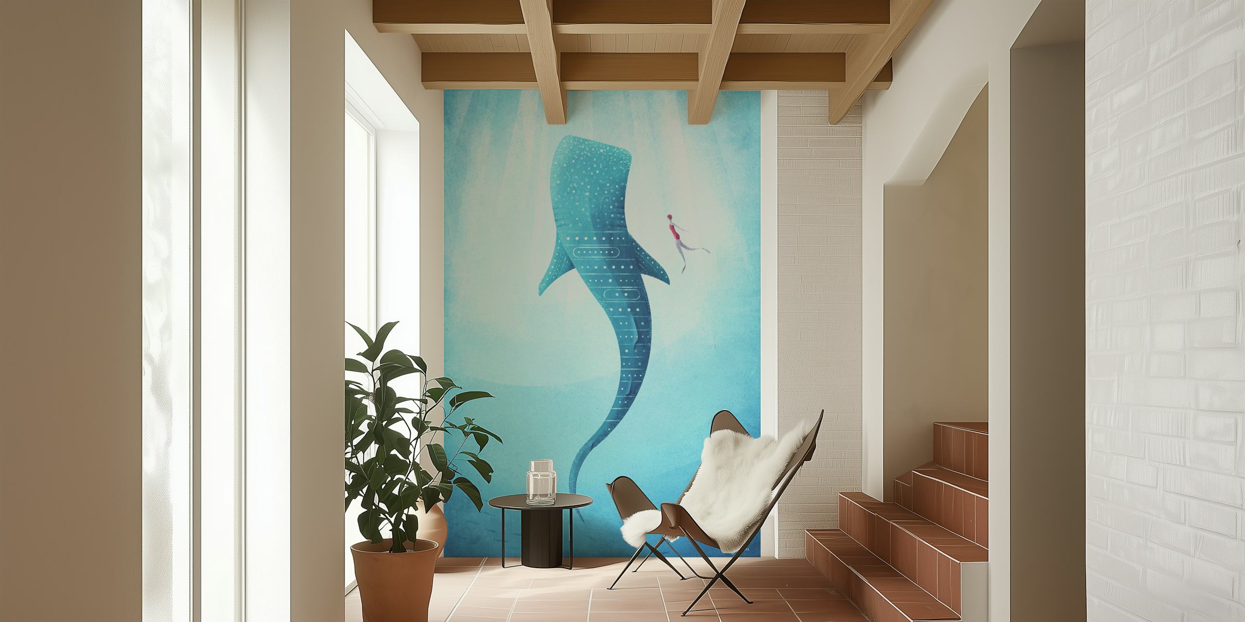 Whale shark silhouette in aqua blue tones, artistic illustration wallpaper