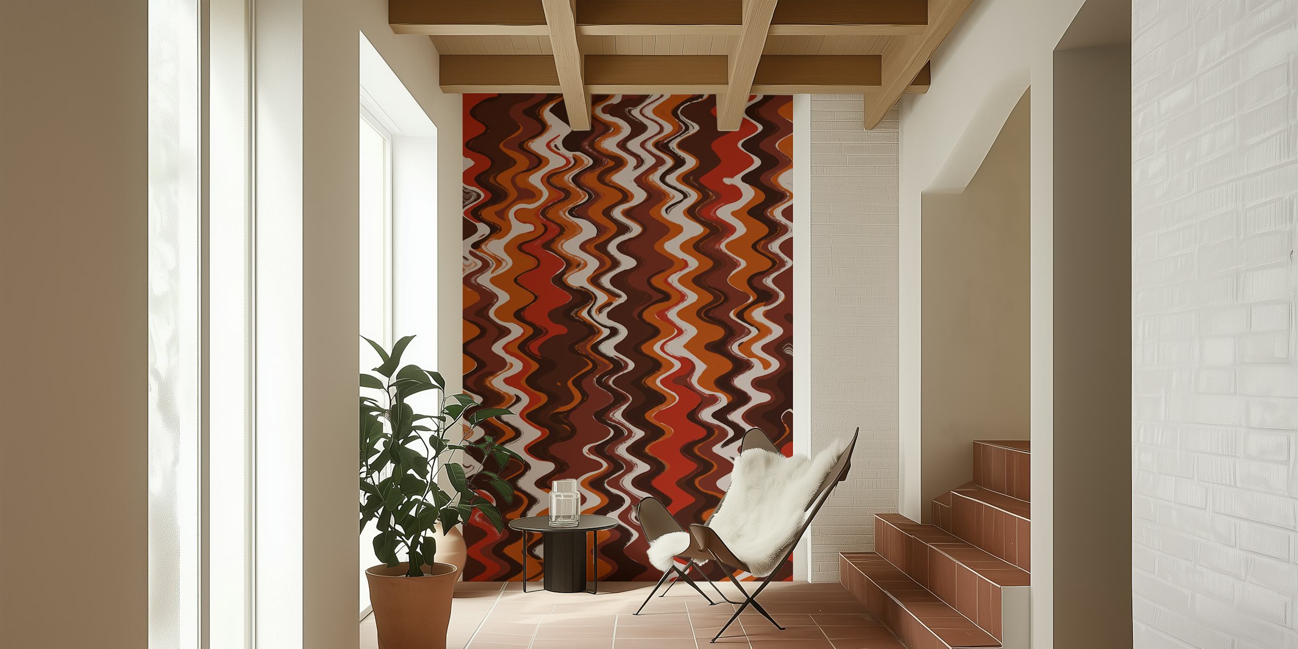 Earthy zig zag pattern wallpaper in a room