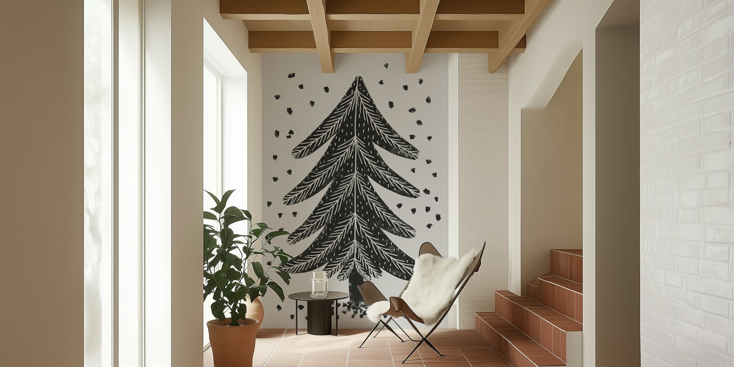 Black pine tree illustration on gray background wallpaper