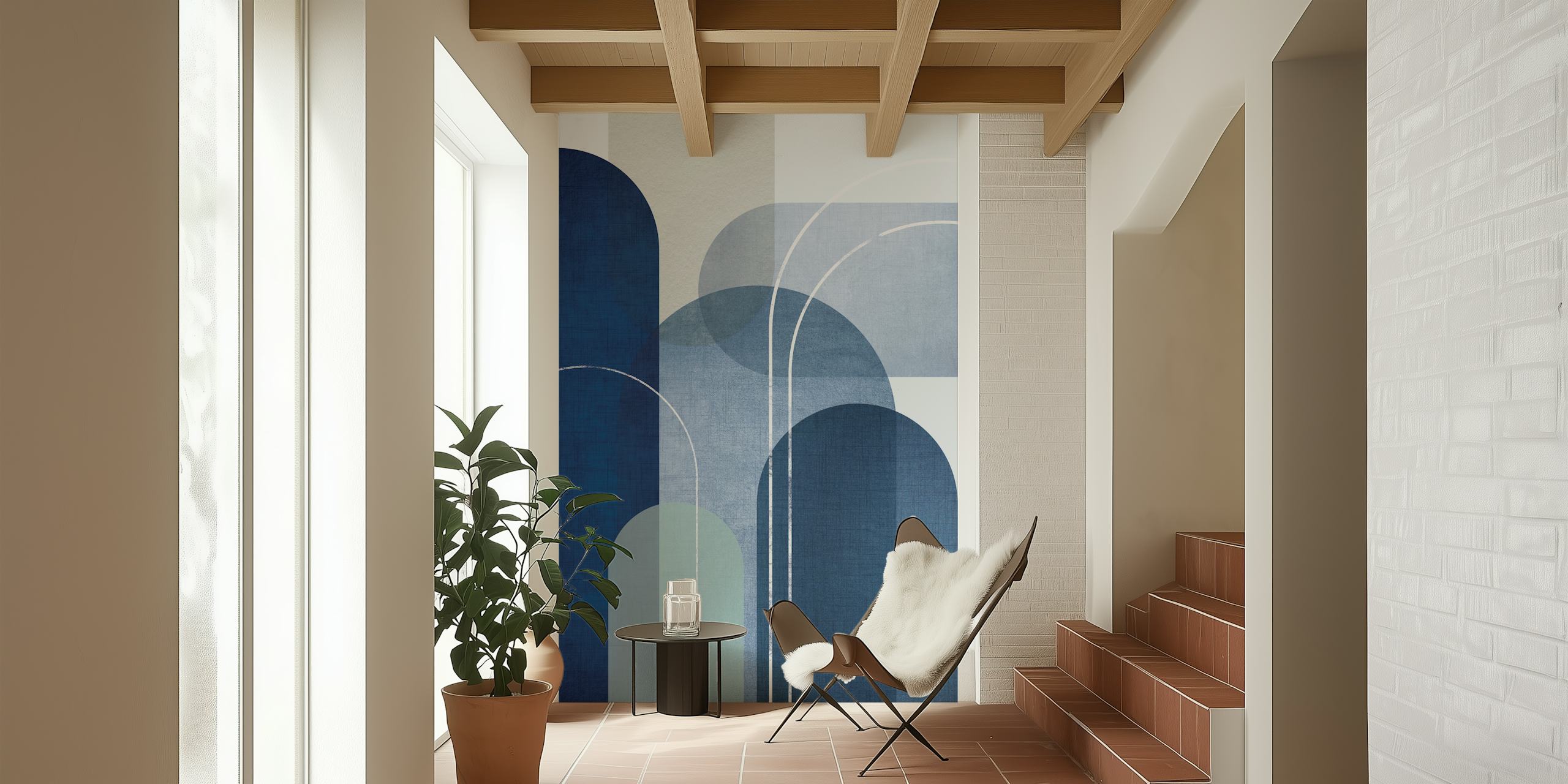 Blue geometric abstract shapes wallpaper with textured linen look