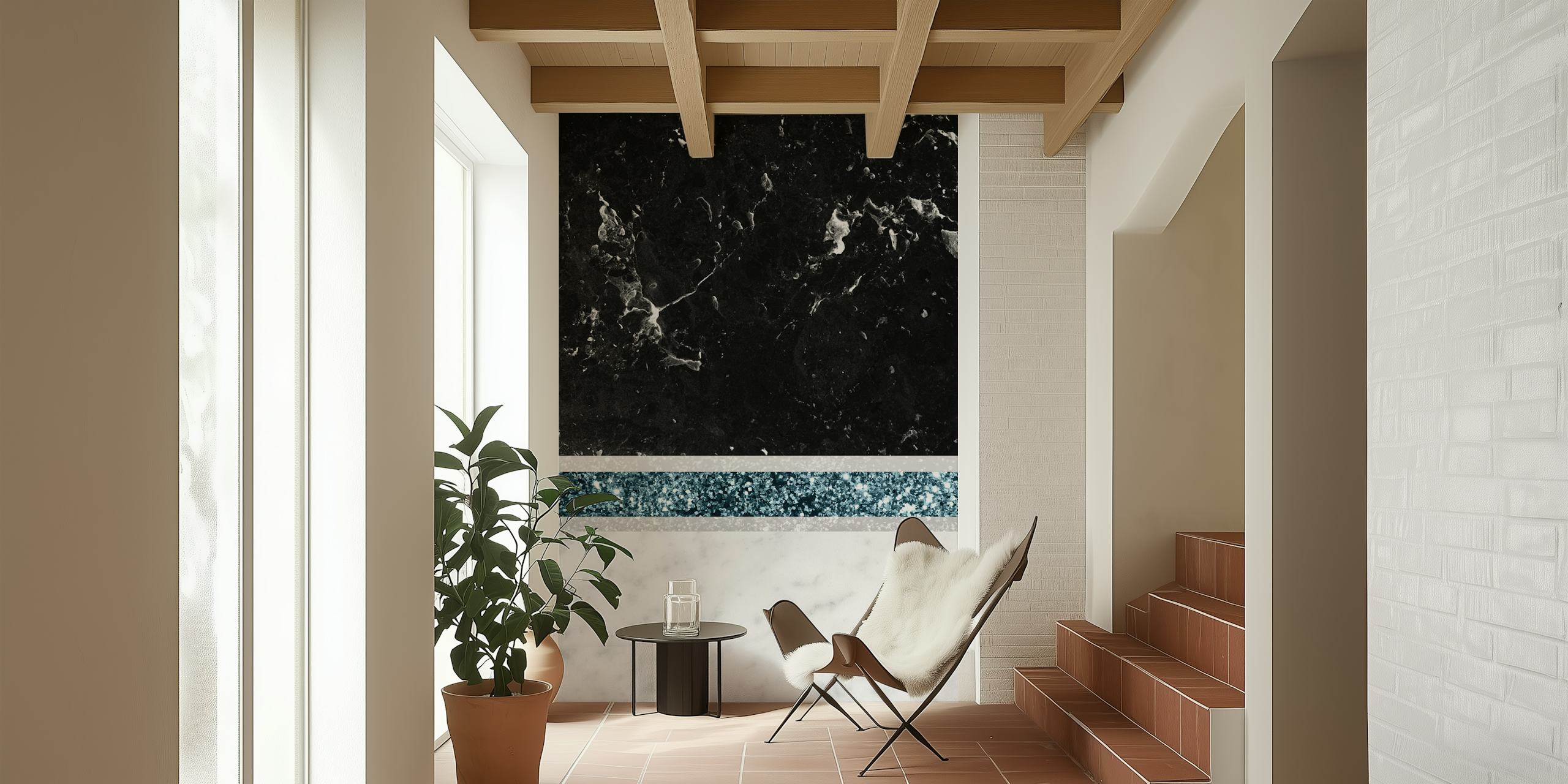 Ταπετσαρία Black and White Marble σε ένα δωμάτιο