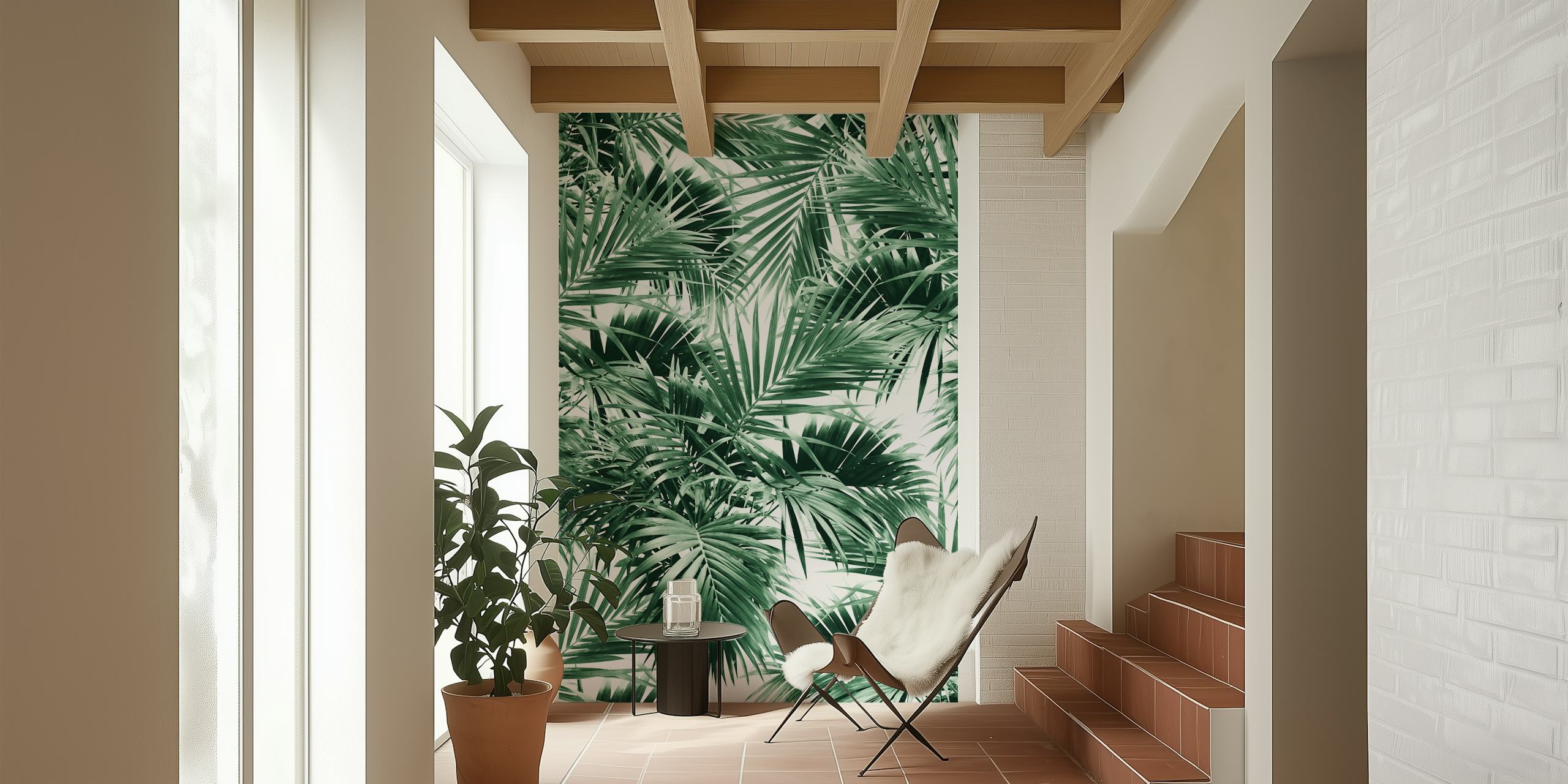 Tropical palm leaf pattern in green tones wallpaper