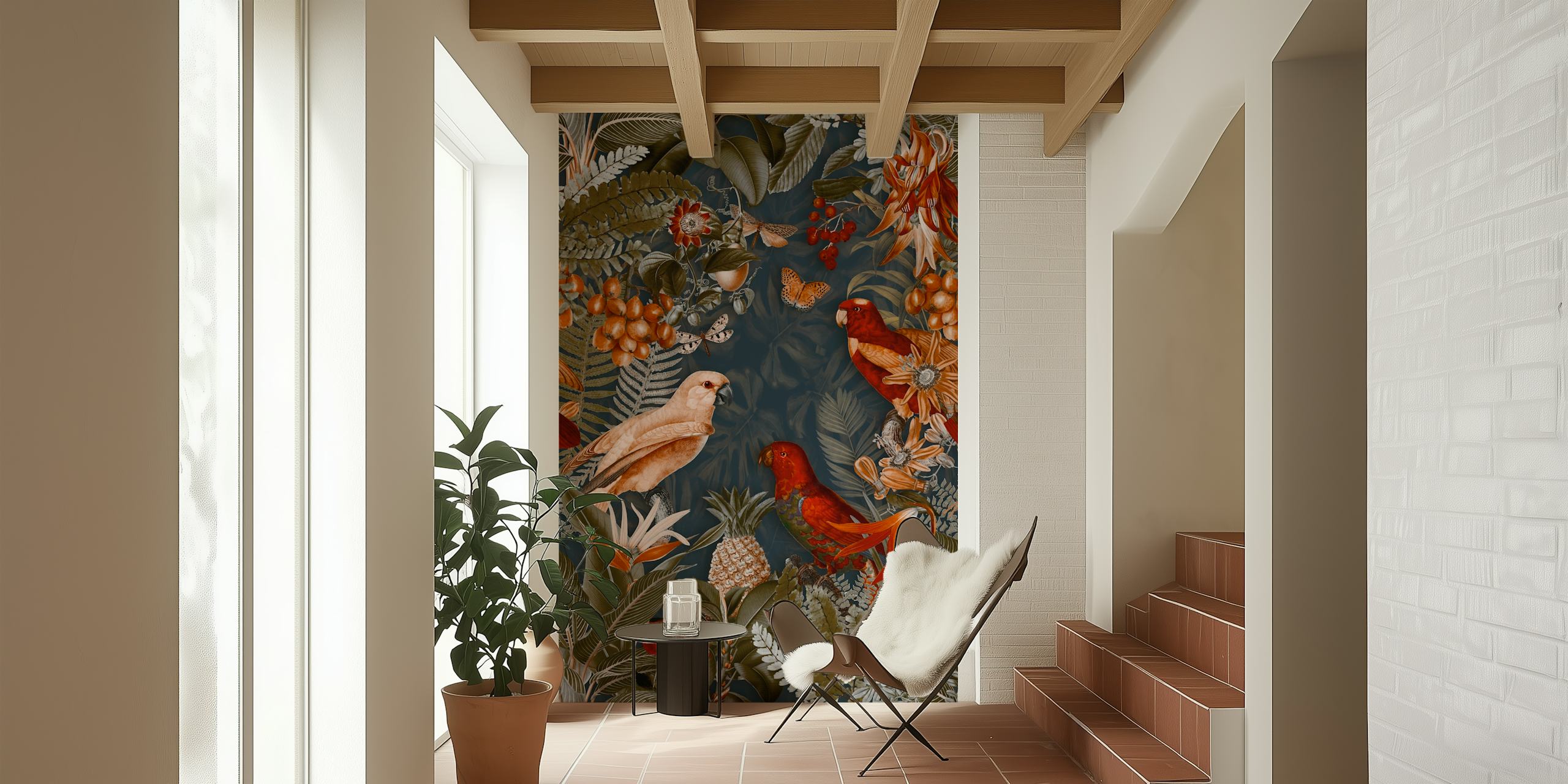 Midnight Jungle Parrots tapetti huoneessa