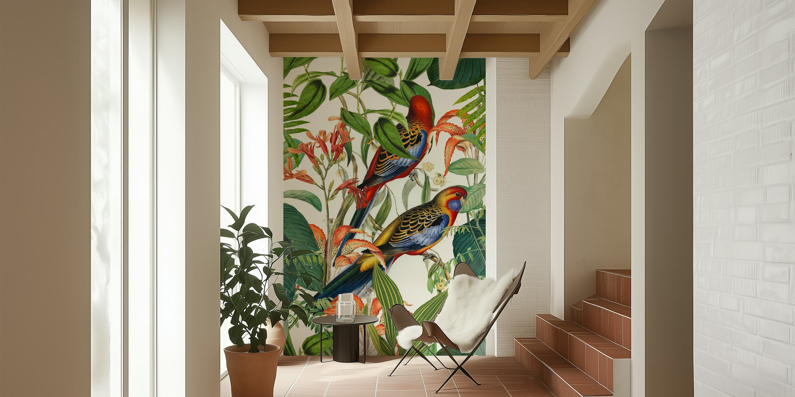 Tropical parakeet wallpaper in a room