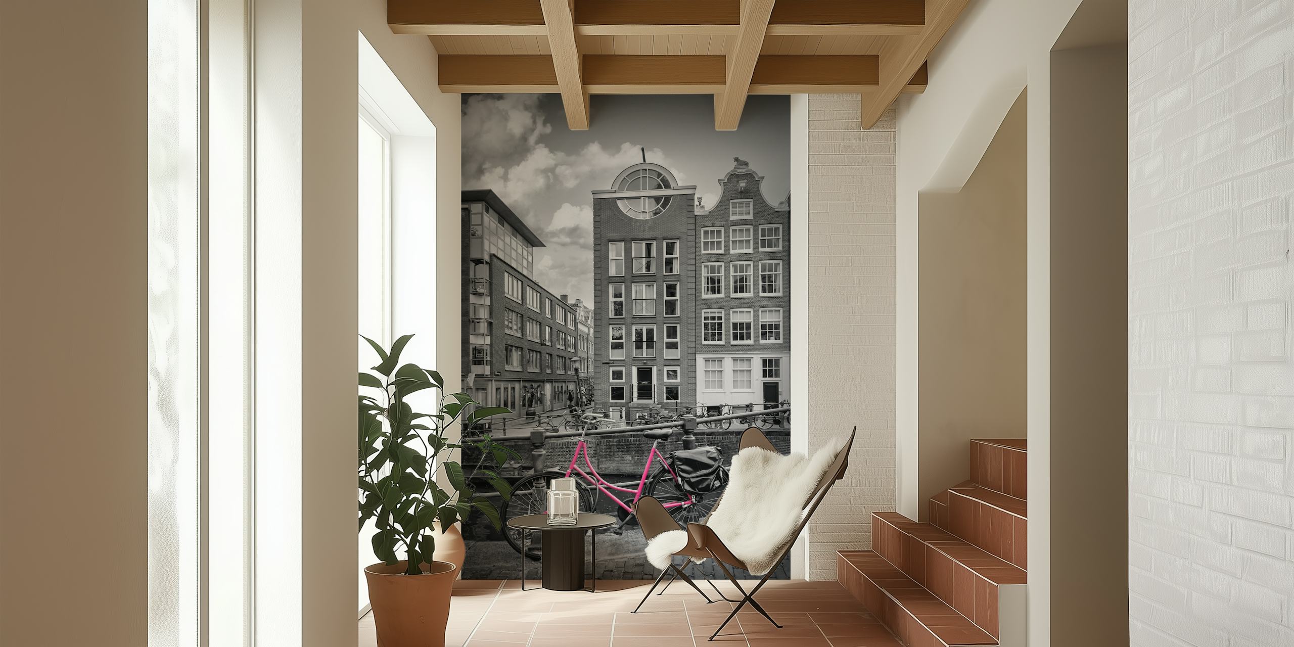 Black and white cityscape wallpaper with a pink bicycle and canals