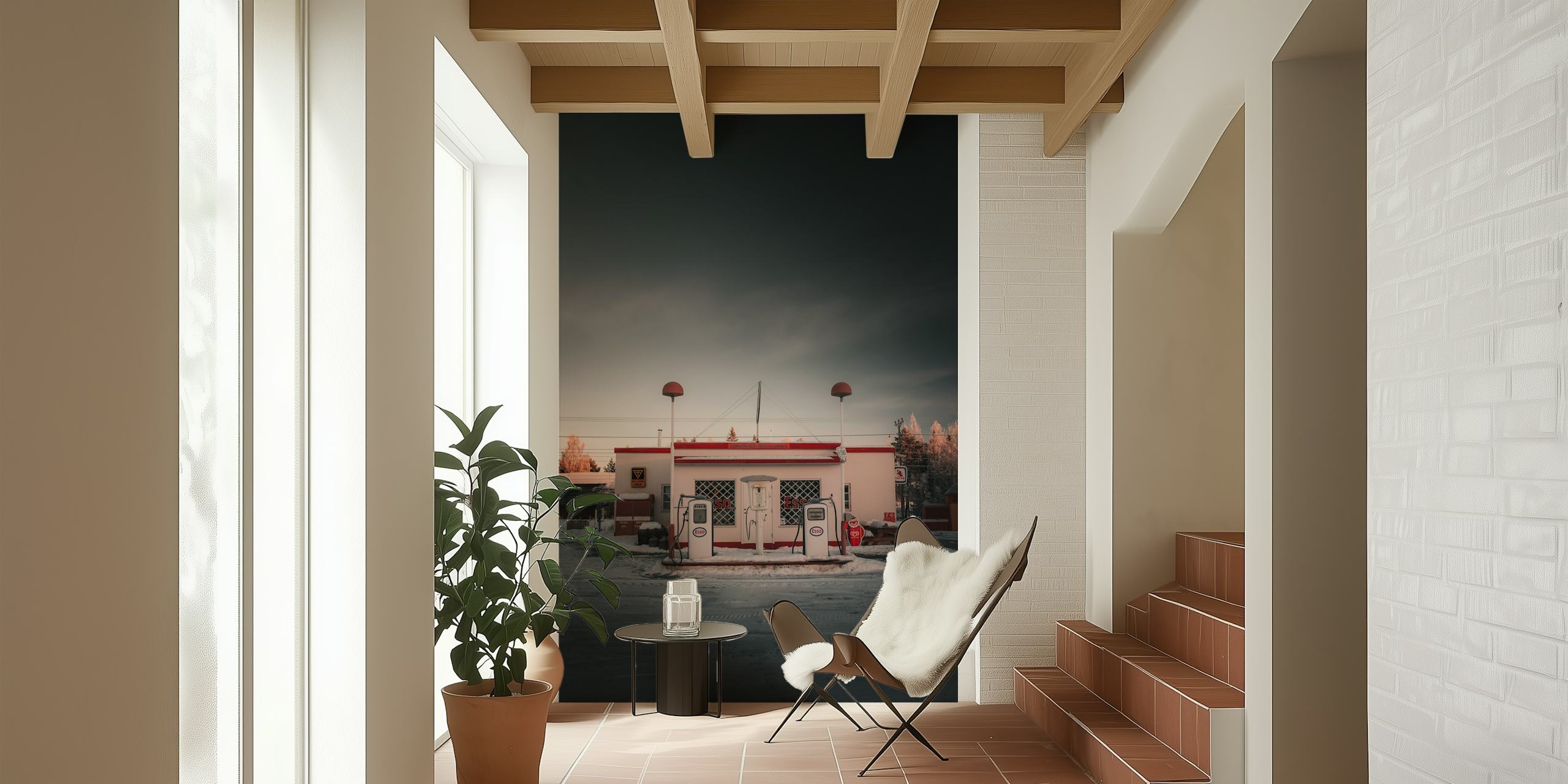 Vintage gas station with white and red details, retro style wallpaper