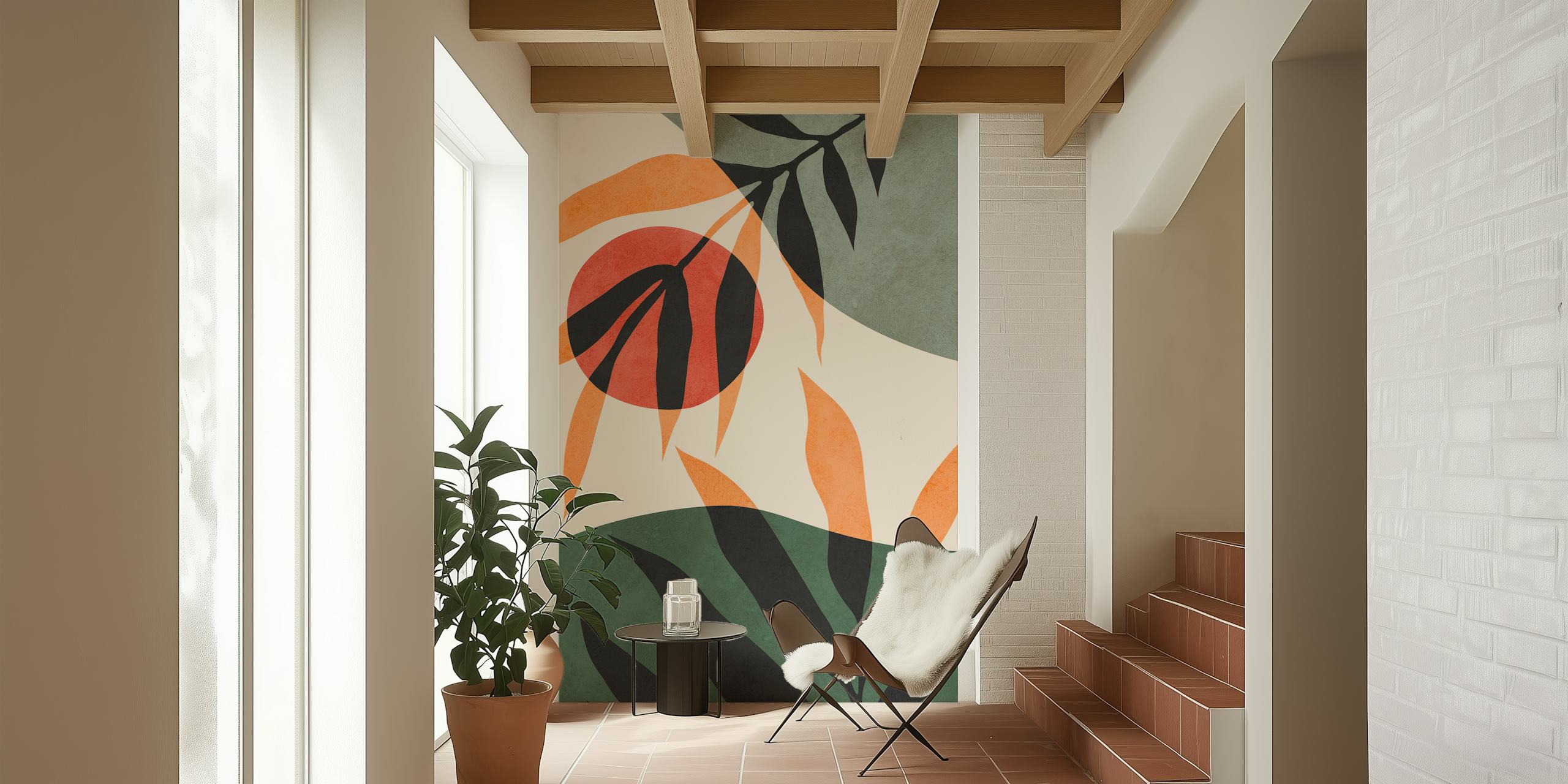 Botanical abstract design with earthy leaves and red circles wallpaper