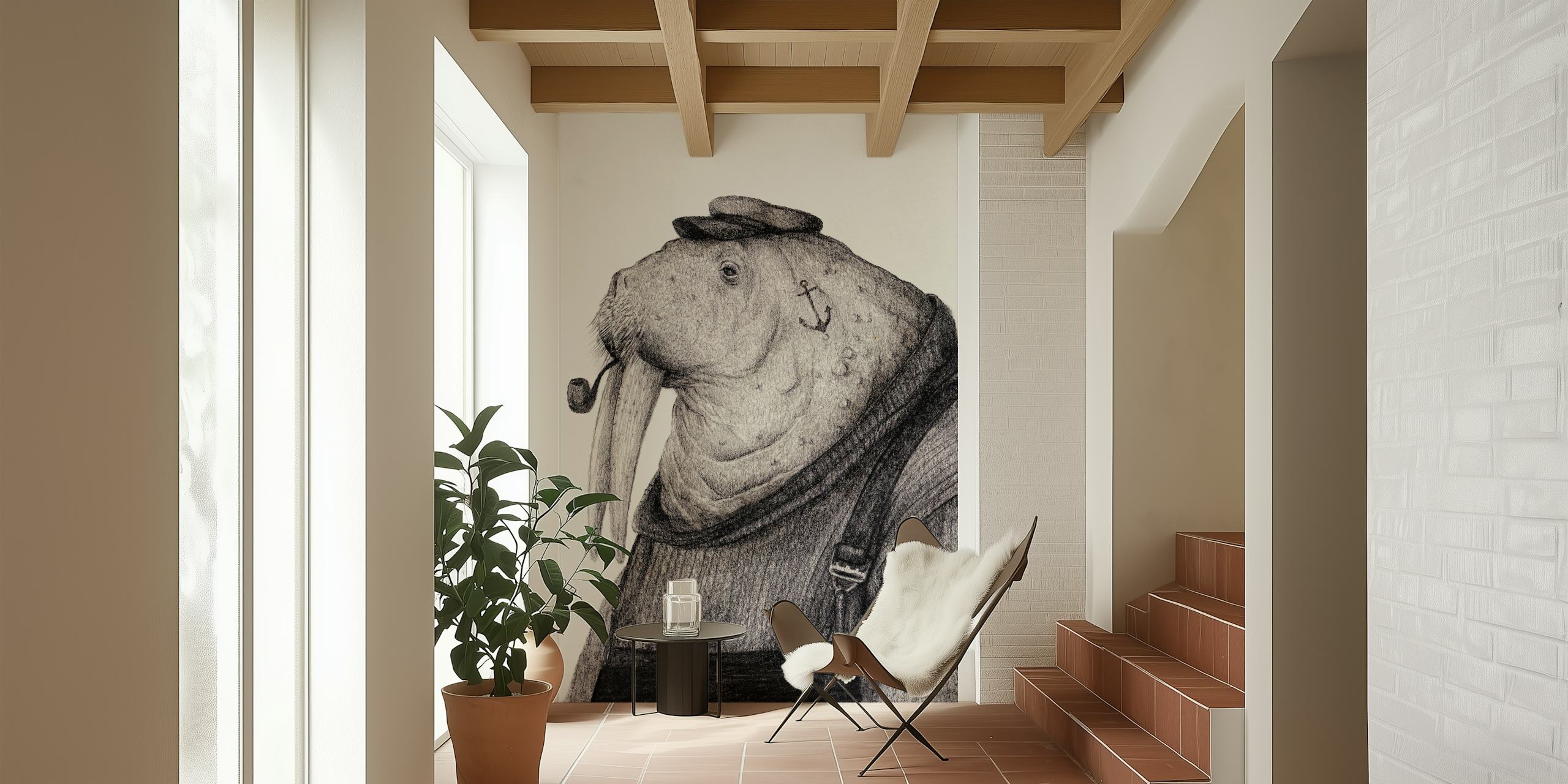 Skurriles Walross-Matrosen-Illustrations-Wandbild