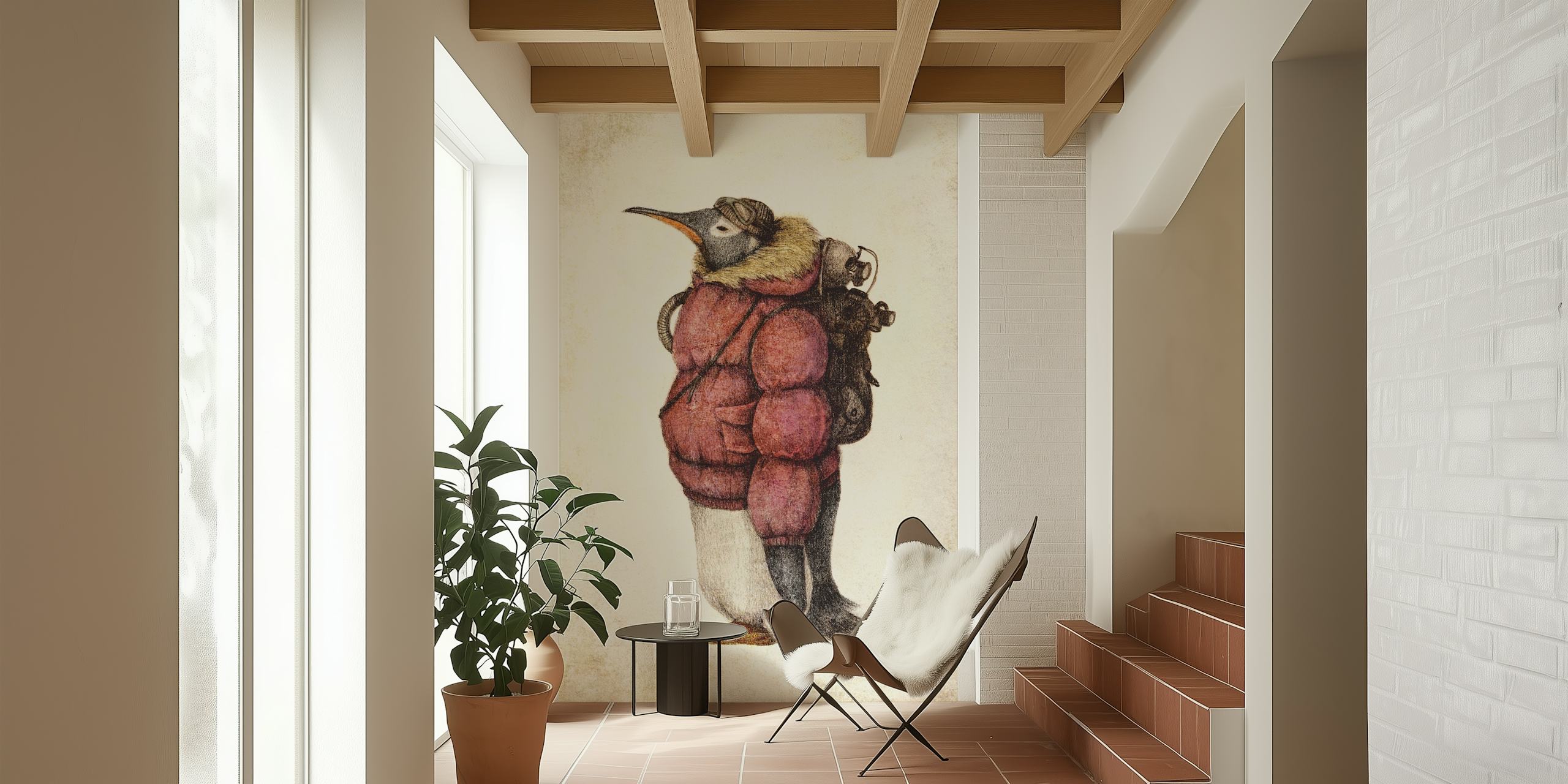 Whimsical penguin wallpaper in a room