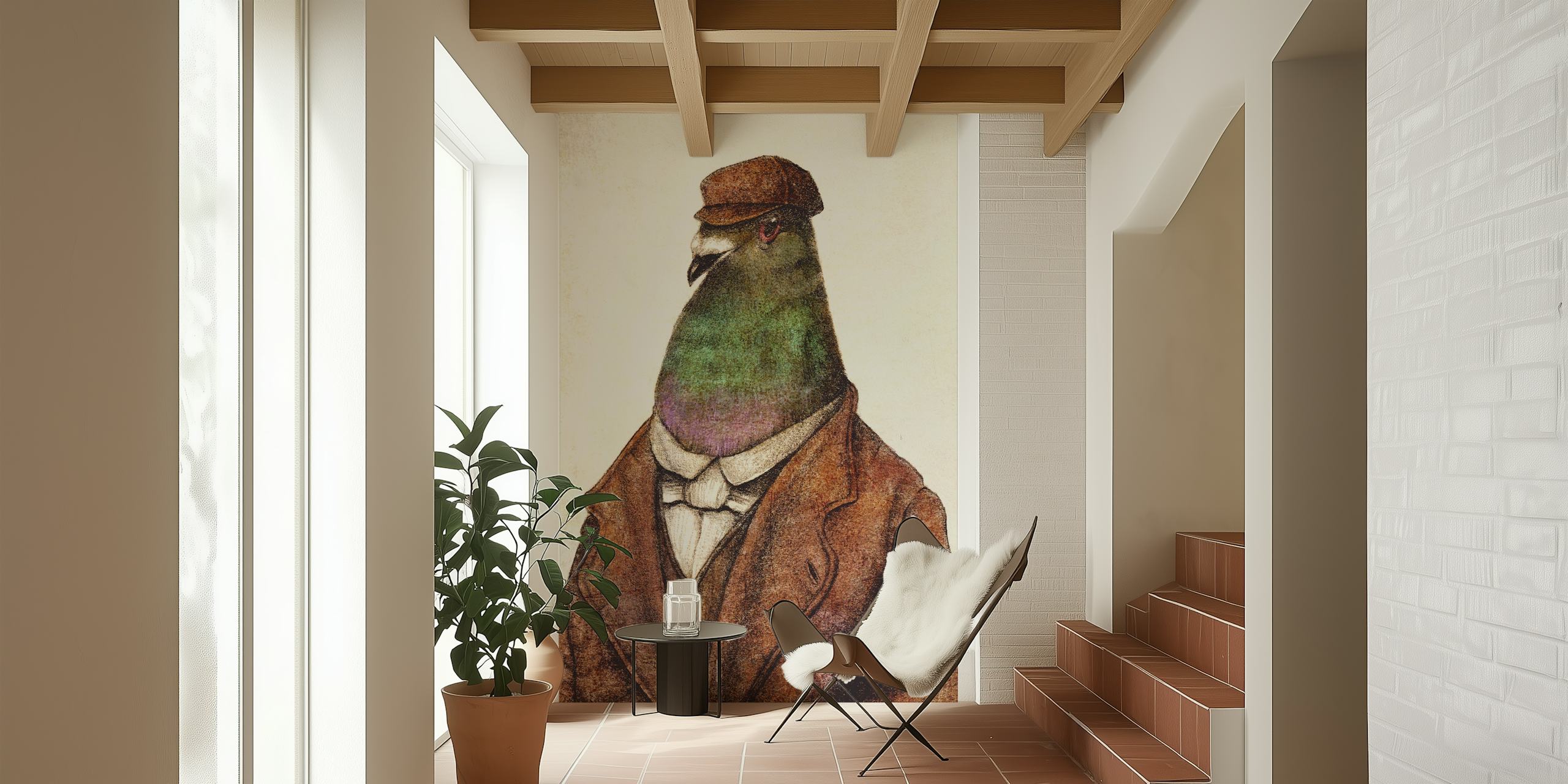 Whimsical pigeon wallpaper in a room