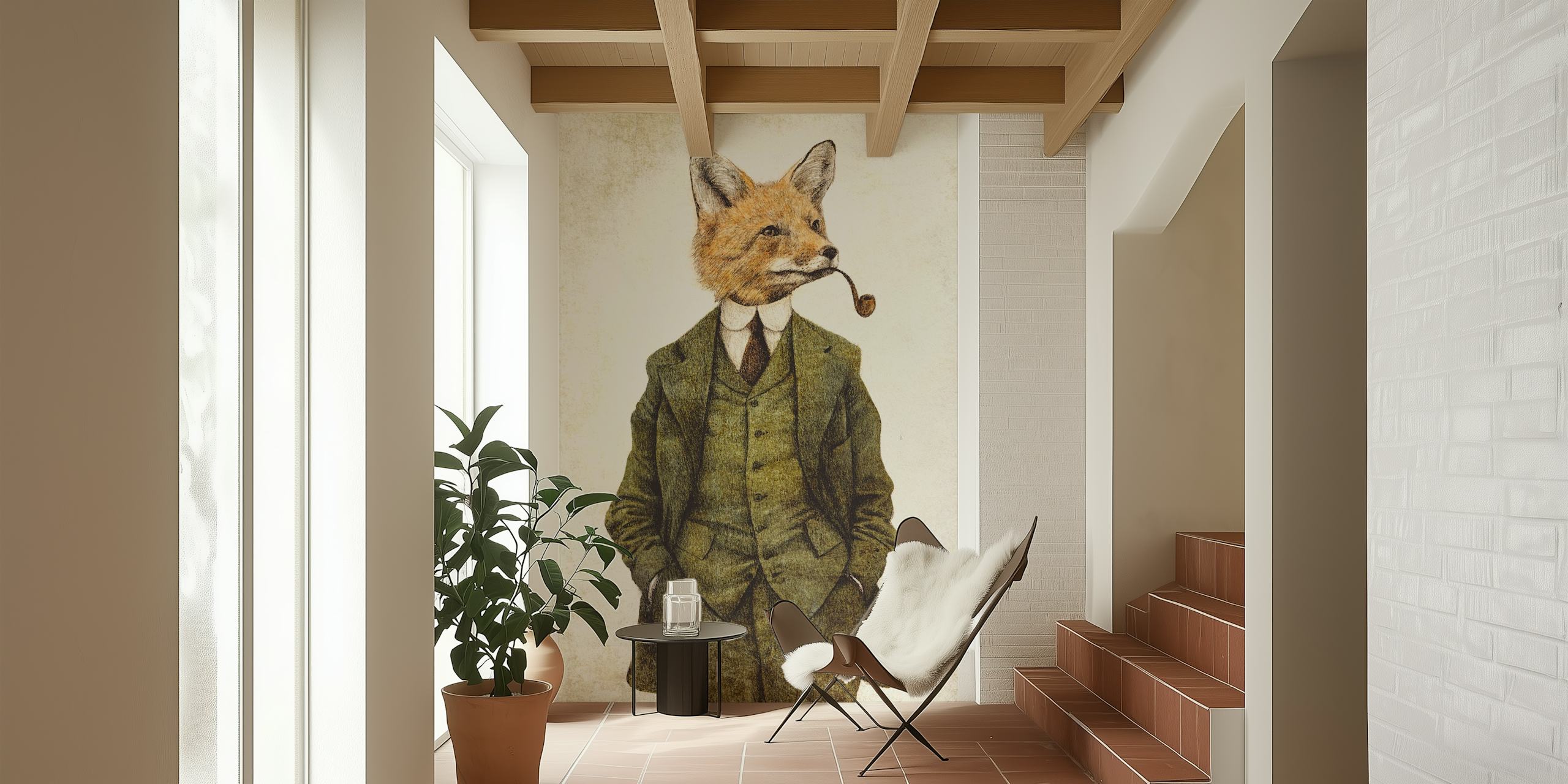 Fox character in a suit with a pipe, vintage style wallpaper