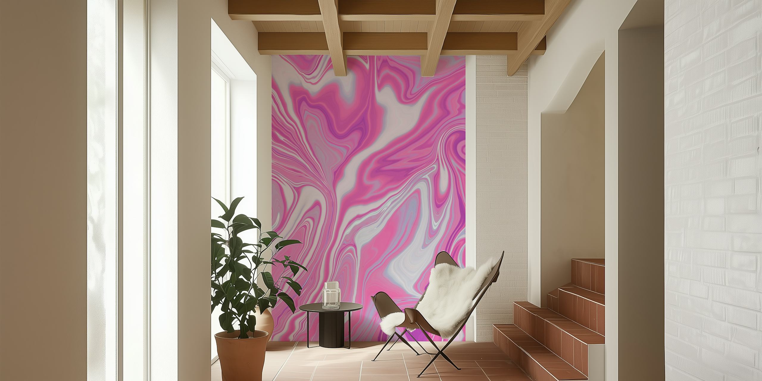 Pink and white liquid swirl pattern wall mural