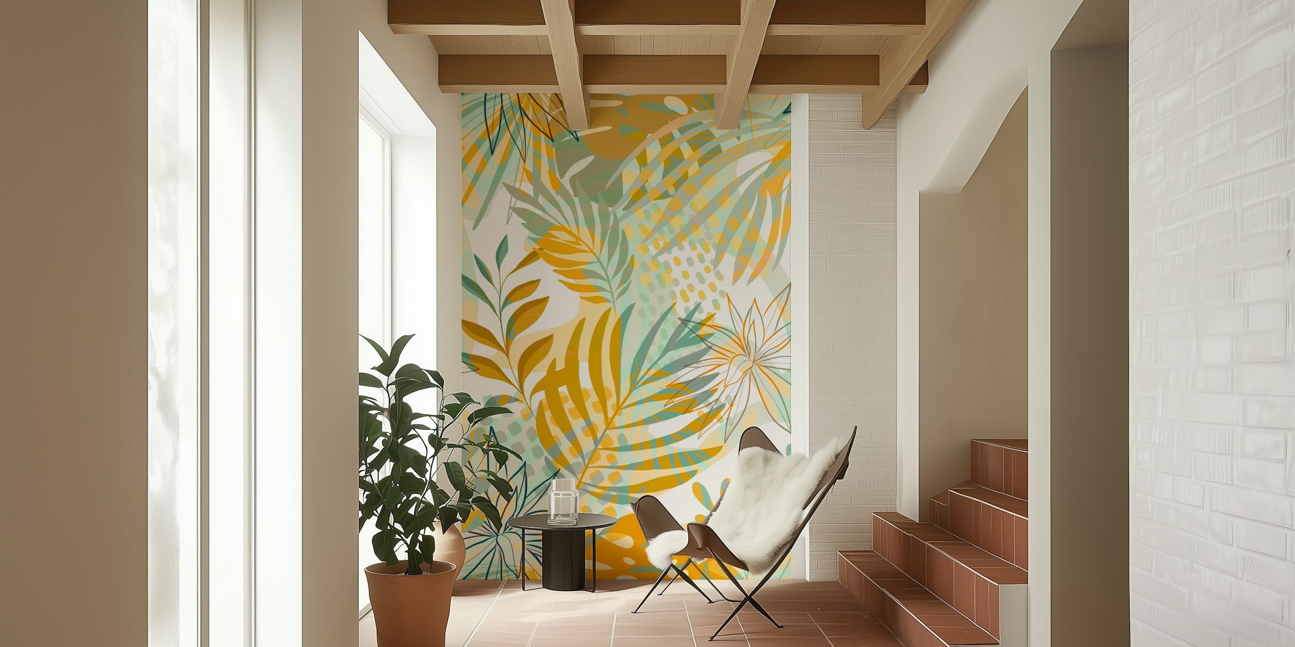 Mosterd en teal boho tropische tuin patroon behang met abstracte loof.