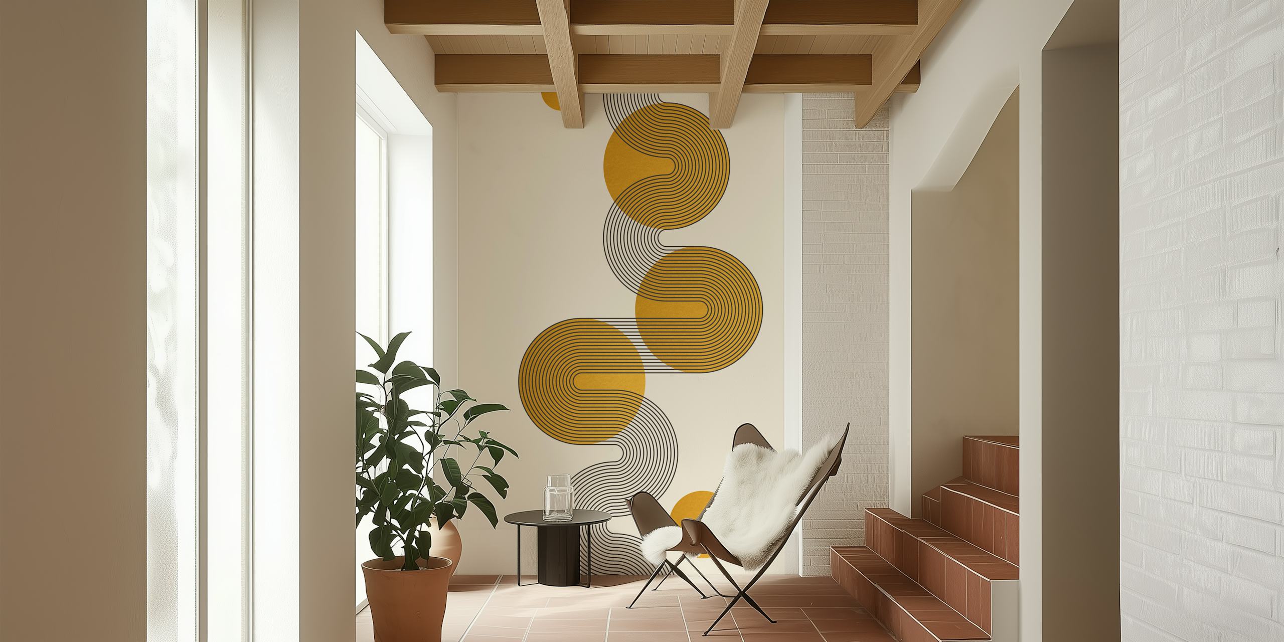 Abstract Curvy Bauhaus-inspired Wall Mural in Sunrise Tones