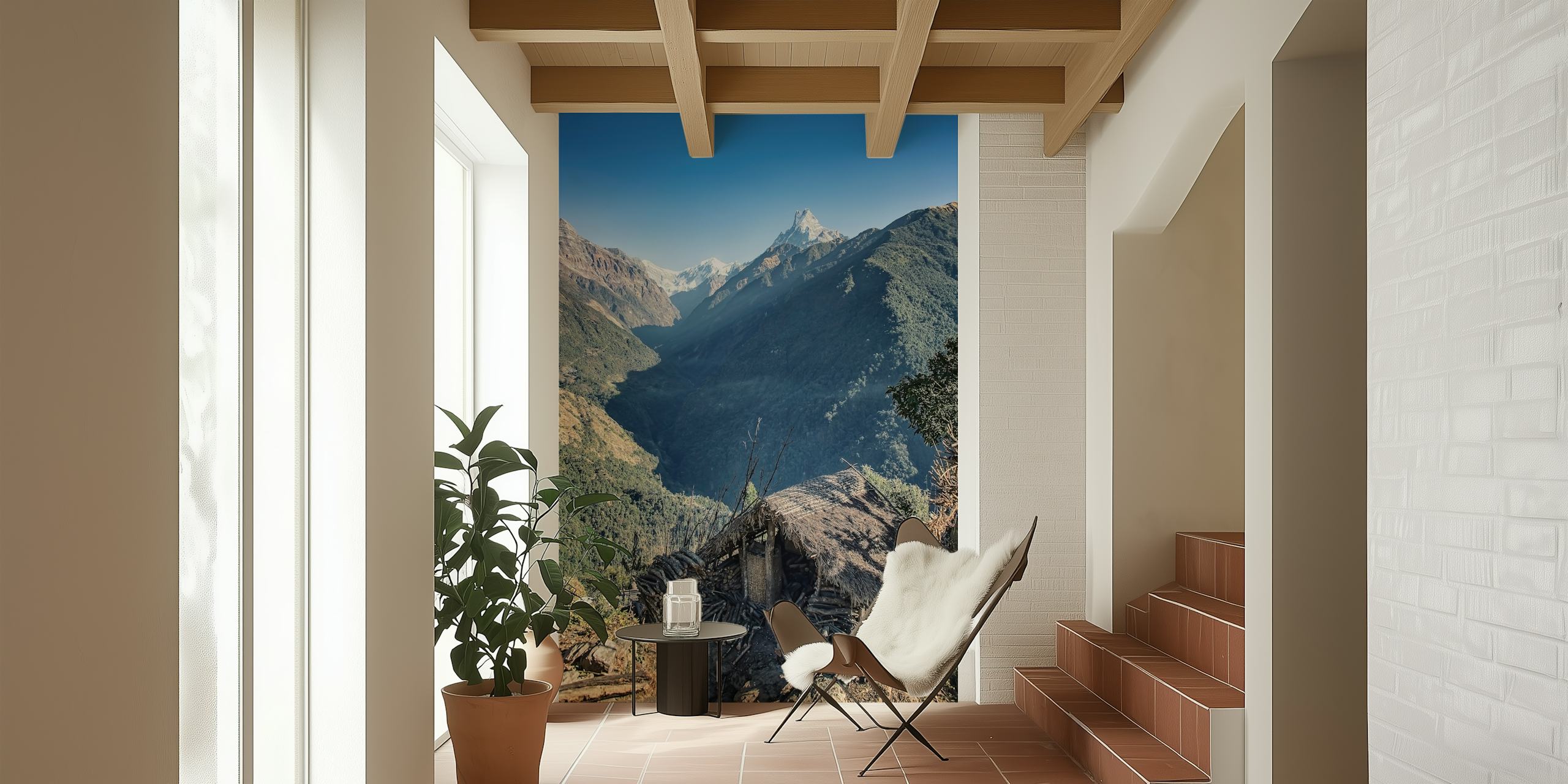 Himalayan mountain landscape featuring peaks and greenery wallpaper