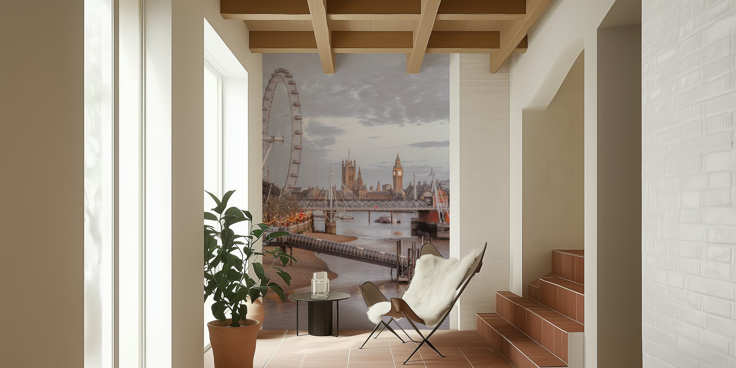 London cityscape featuring the River Thames, London Eye, and Big Ben in soft gray tones wallpaper