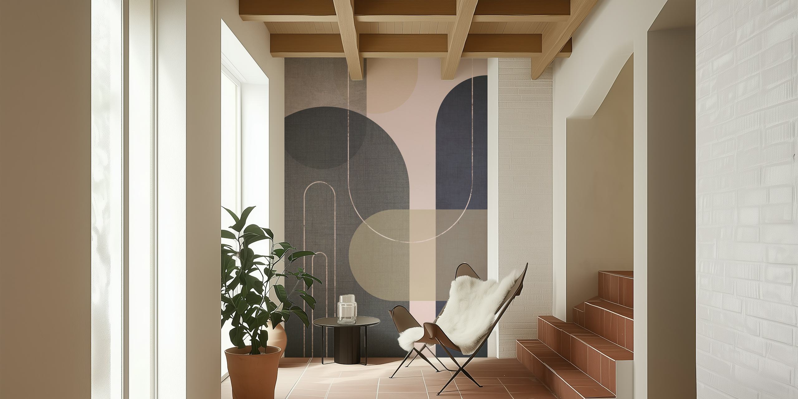 Mural de pared Modern Mid Century Linen 1 con formas geométricas y orgánicas abstractas en tonos apagados