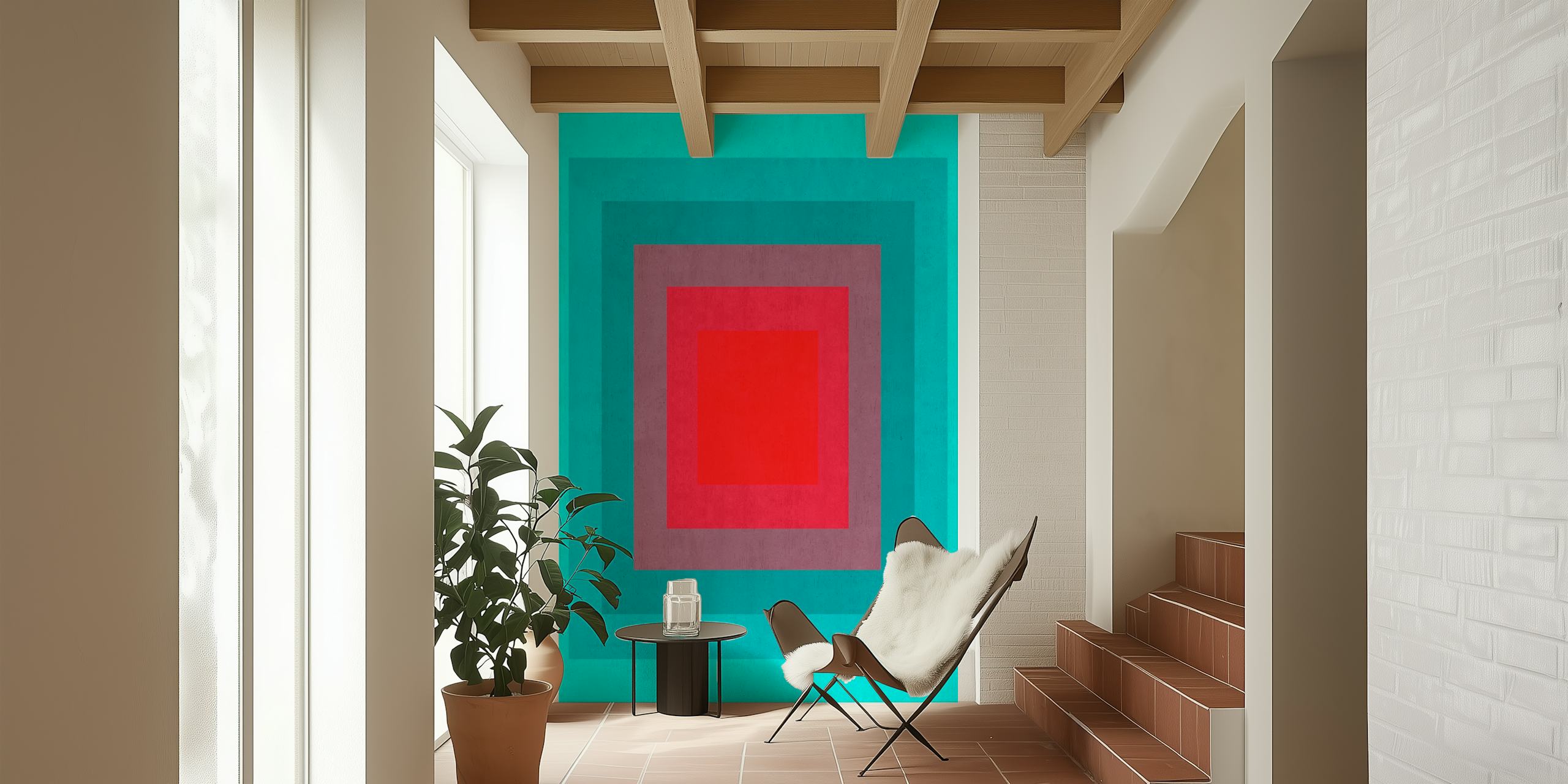 Gradient Geometric Conceptual wall mural with layers of squares transitioning from teal to crimson